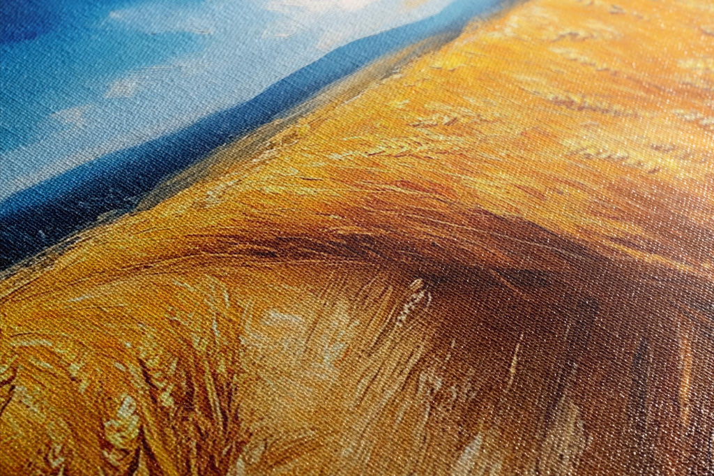 The image is a close-up of a painting depicting a field of golden wheat against a blue sky background.