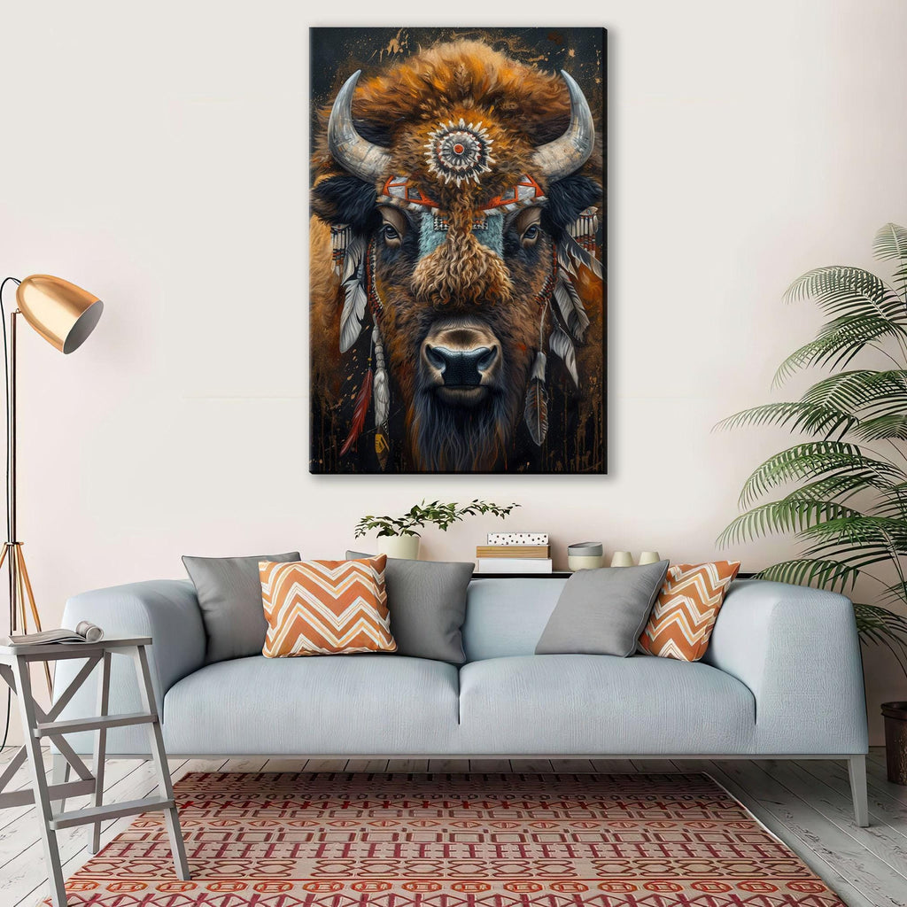 a large, colorful painting of a buffalo with a decorative headdress hanging on the wall above a gray couch with patterned throw pillows.