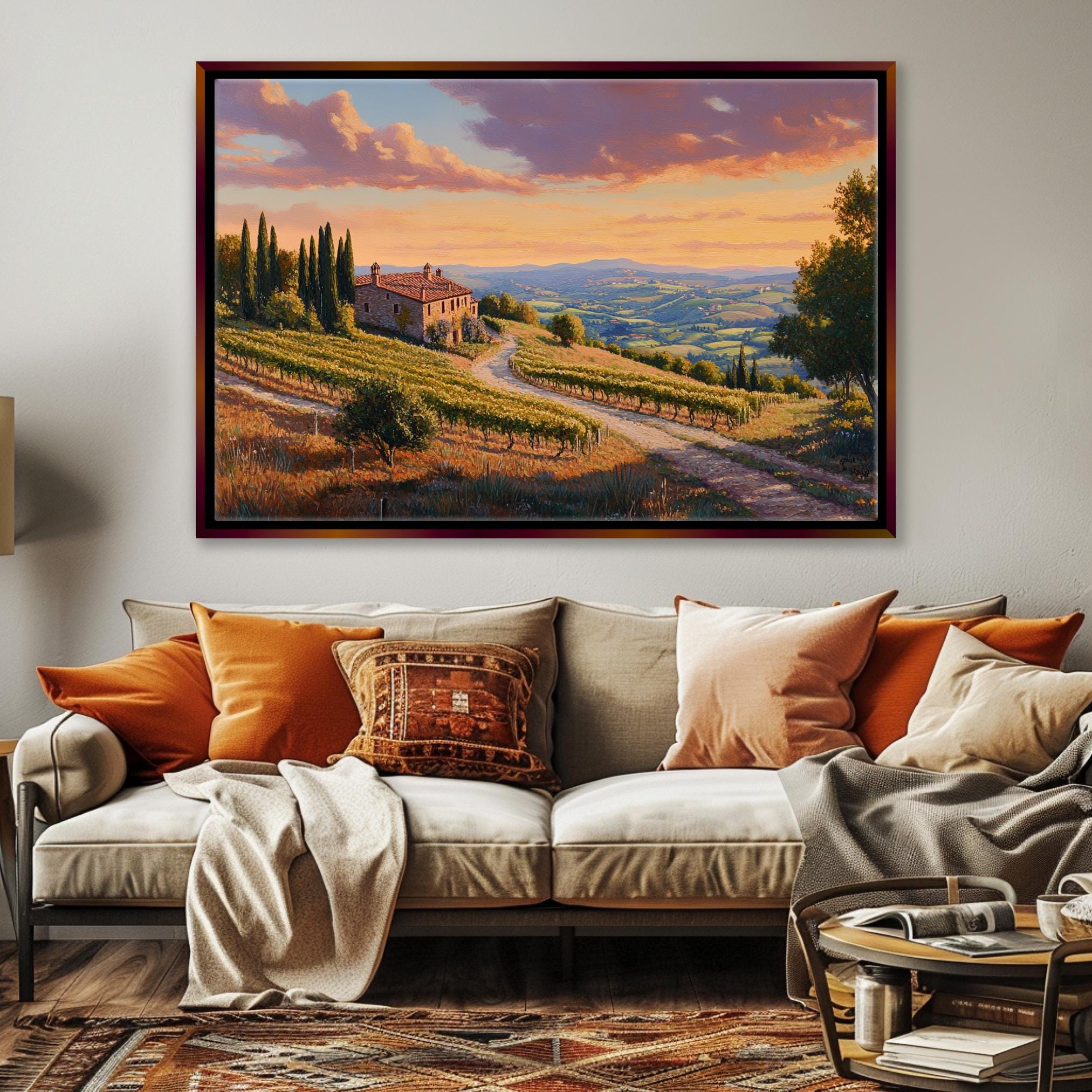 a living room with a couch and a painting on the wall