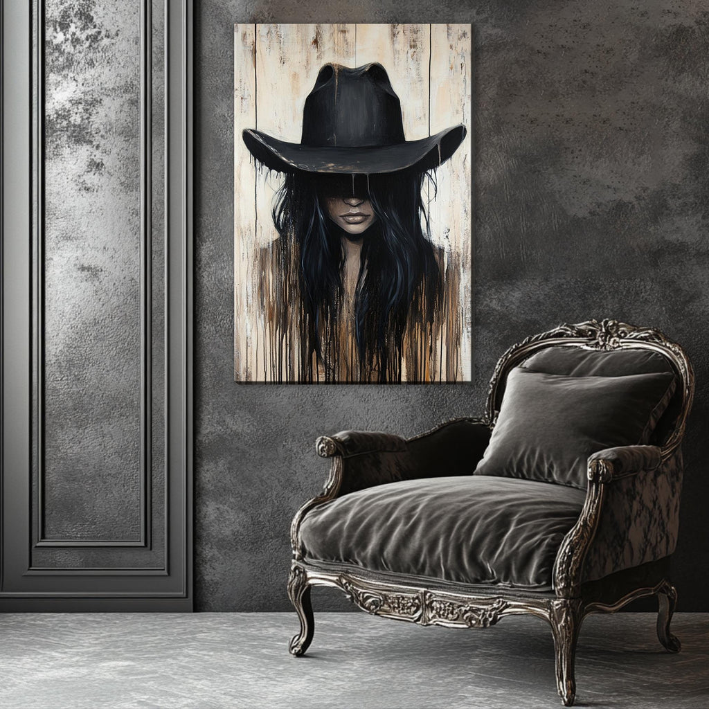 a painting of a woman wearing a cowboy hat