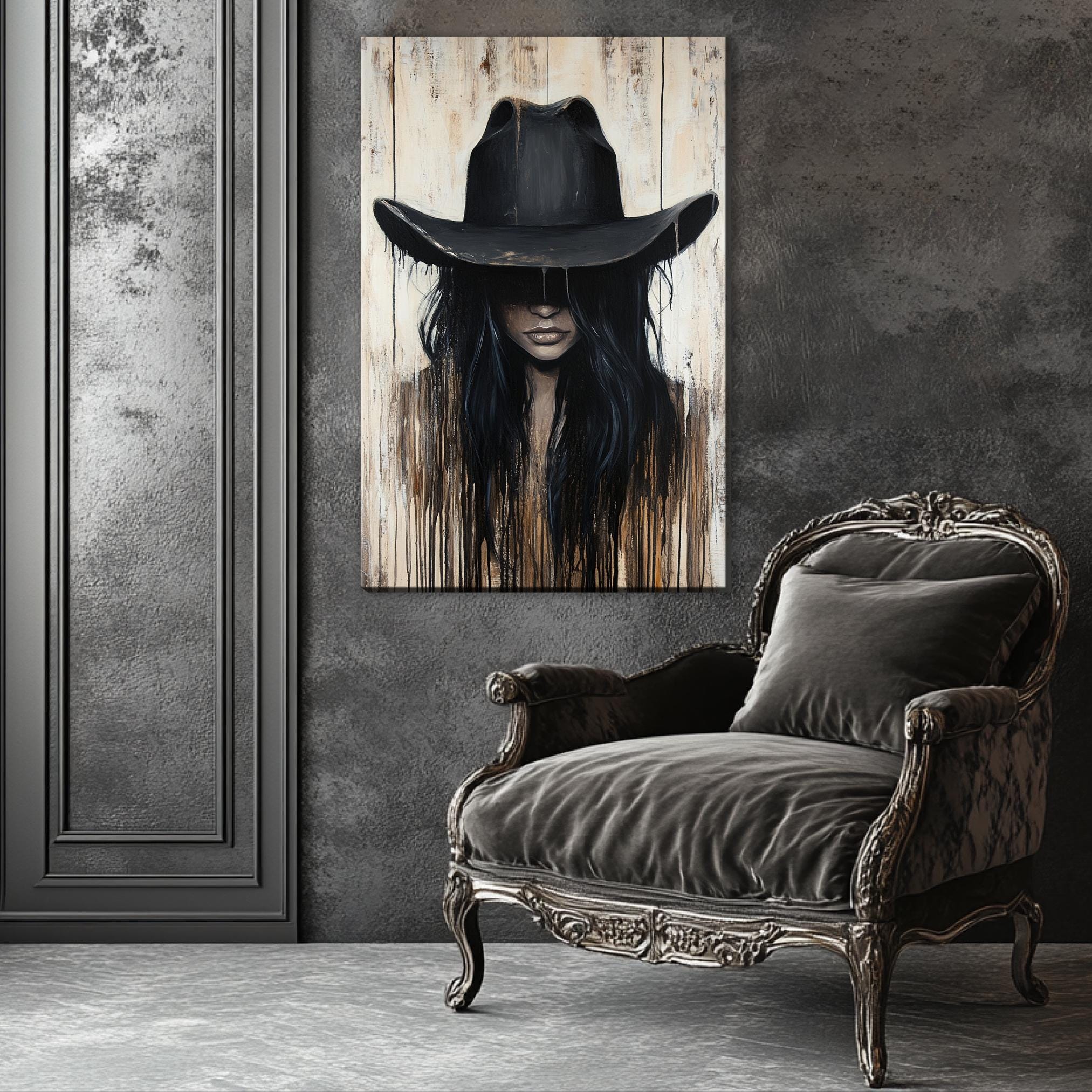 a painting of a woman wearing a cowboy hat