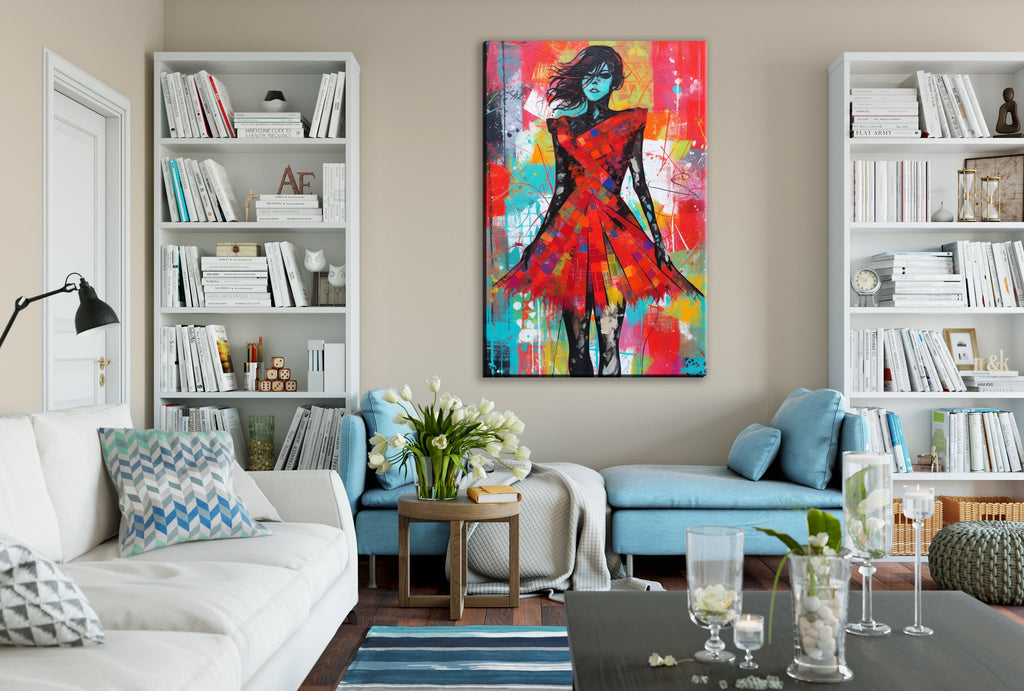 Red Dress Canvas Art | Contemporary Pop Art Painting - Female Home Decor