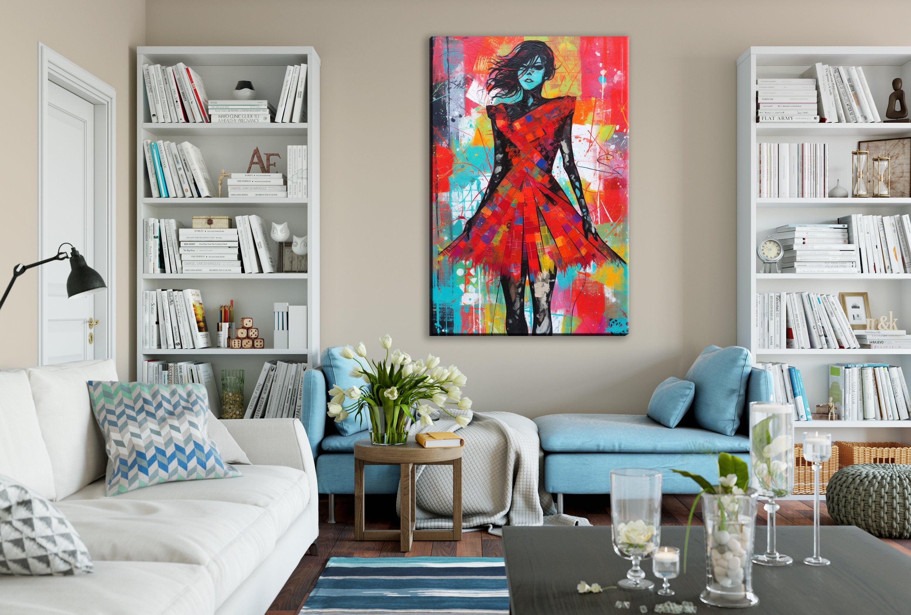 Red Dress Canvas Art | Contemporary Pop Art Painting - Female Home Decor