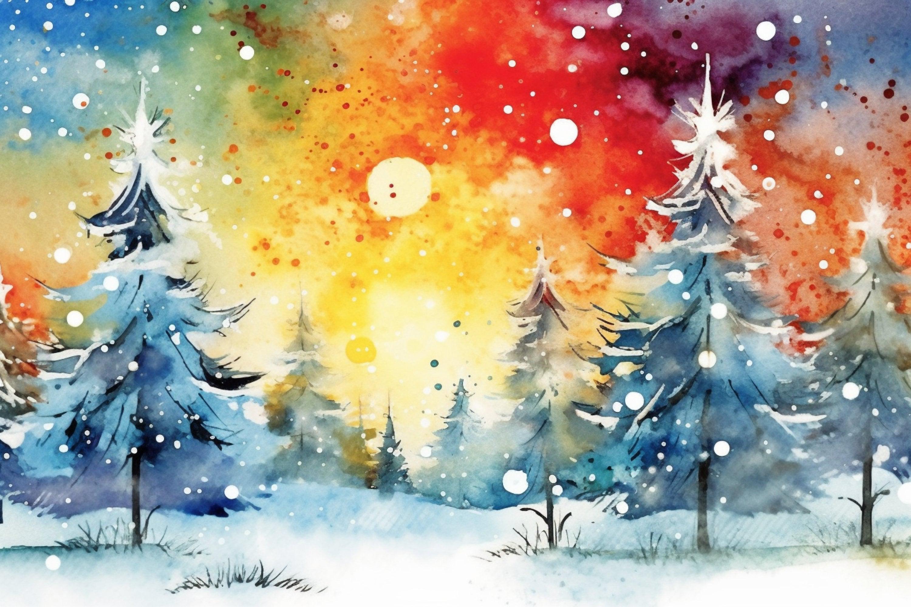 Colorful Winter Forest Watercolor - Christmas Art, Giclee Print on Canvas, Artist Paper, Watercolor Paper, Available in Extra Large Sizes