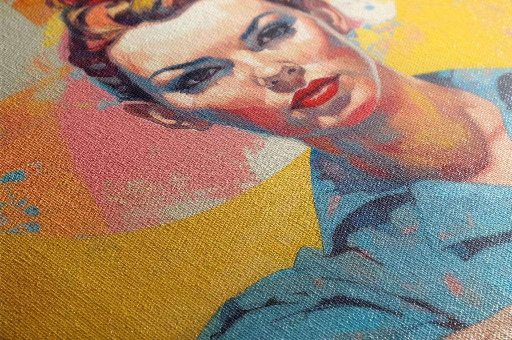 The image is a close-up of a colorful painting depicting a woman's face with vibrant colors and brushstrokes.