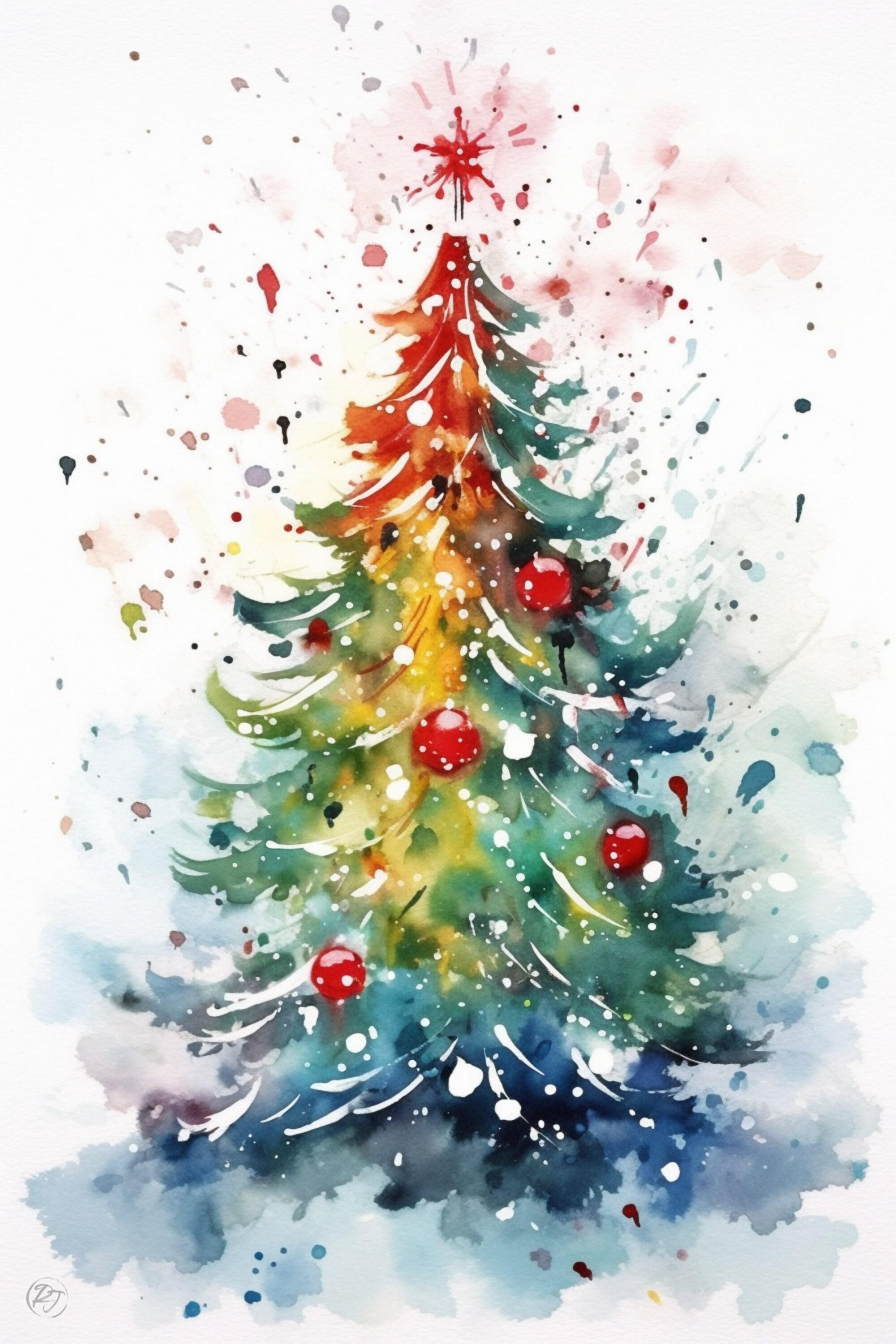 Watercolor Christmas Tree - Festive Holiday Wall Art, Giclee Print on Canvas, Artist Paper, Watercolor Paper, Available in Extra Large Sizes