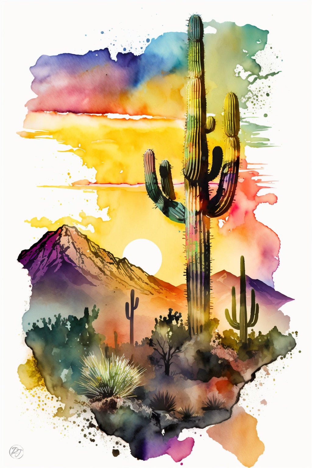 Sunset Over Desert: Watercolor Desert Landscape Print, Giclee Print Canvas, Artist Paper, Watercolor Paper, Available in Extra Large Sizes