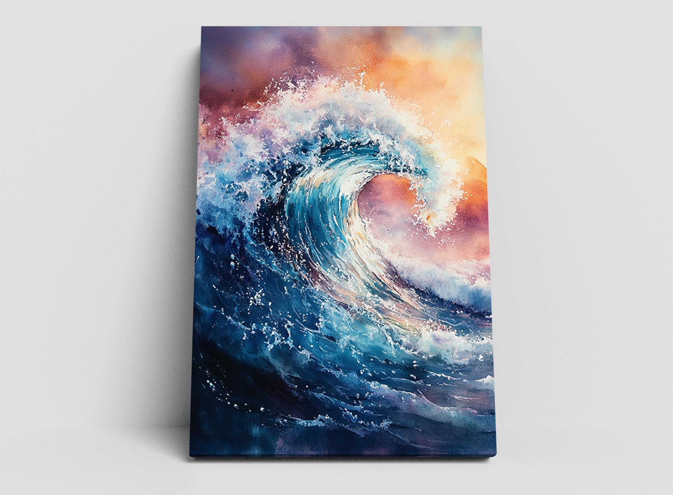 a large, powerful wave crashing against the shore, with the water in shades of blue and white and the sky above filled with vibrant colors.