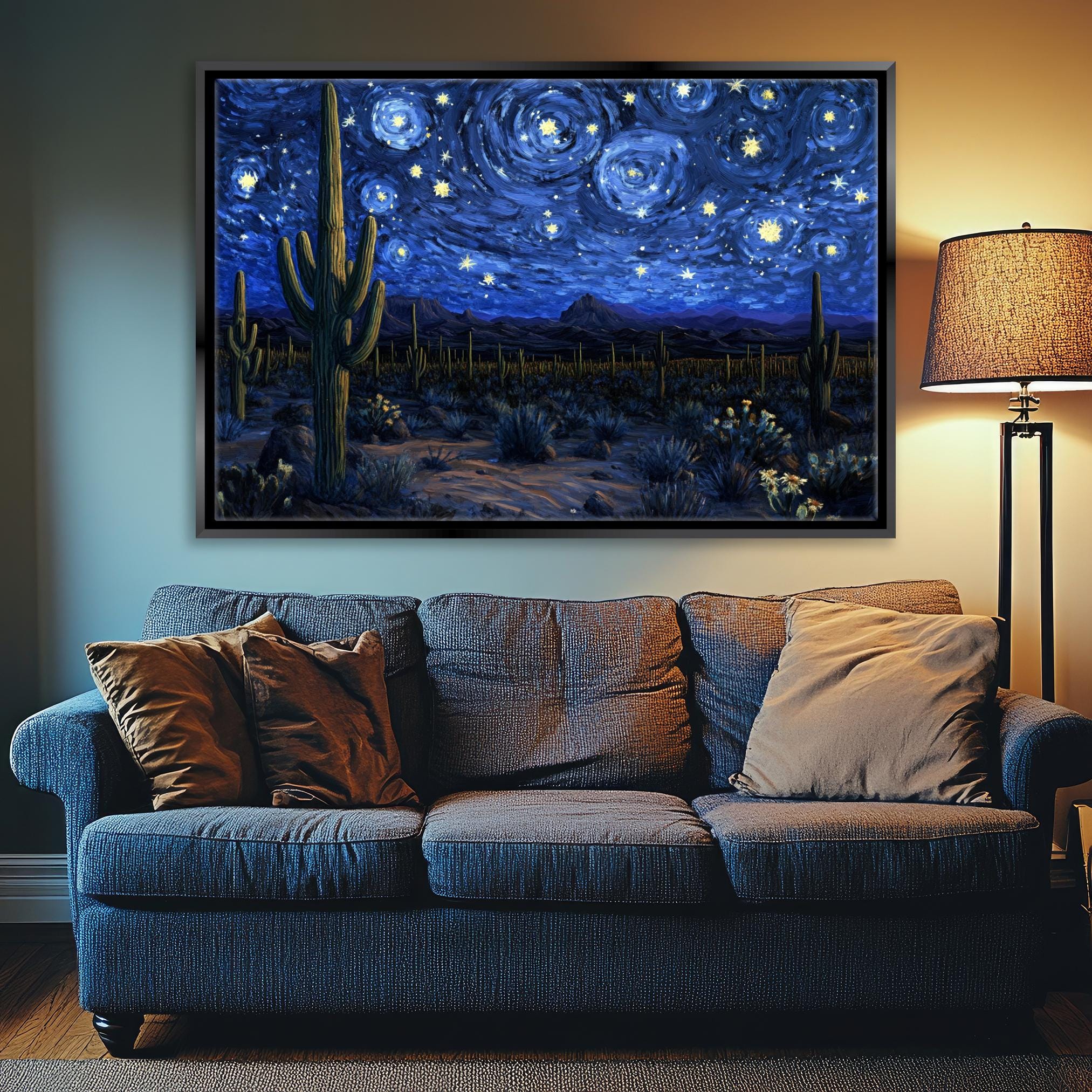 a living room with a couch and a painting on the wall