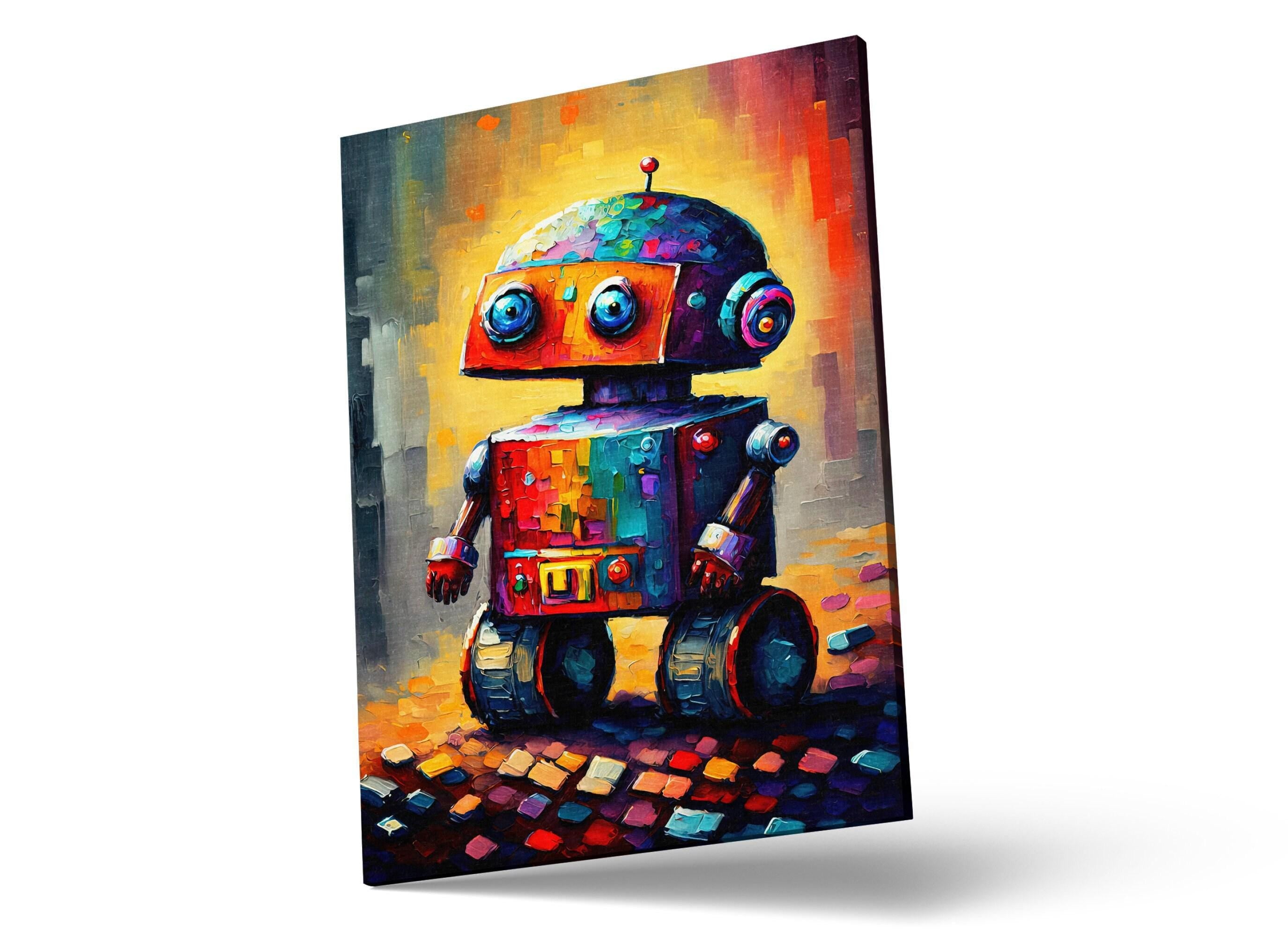 Kids Robot Wall Art - Colorful Robot Art Print on Lightweight Stretched Canvas