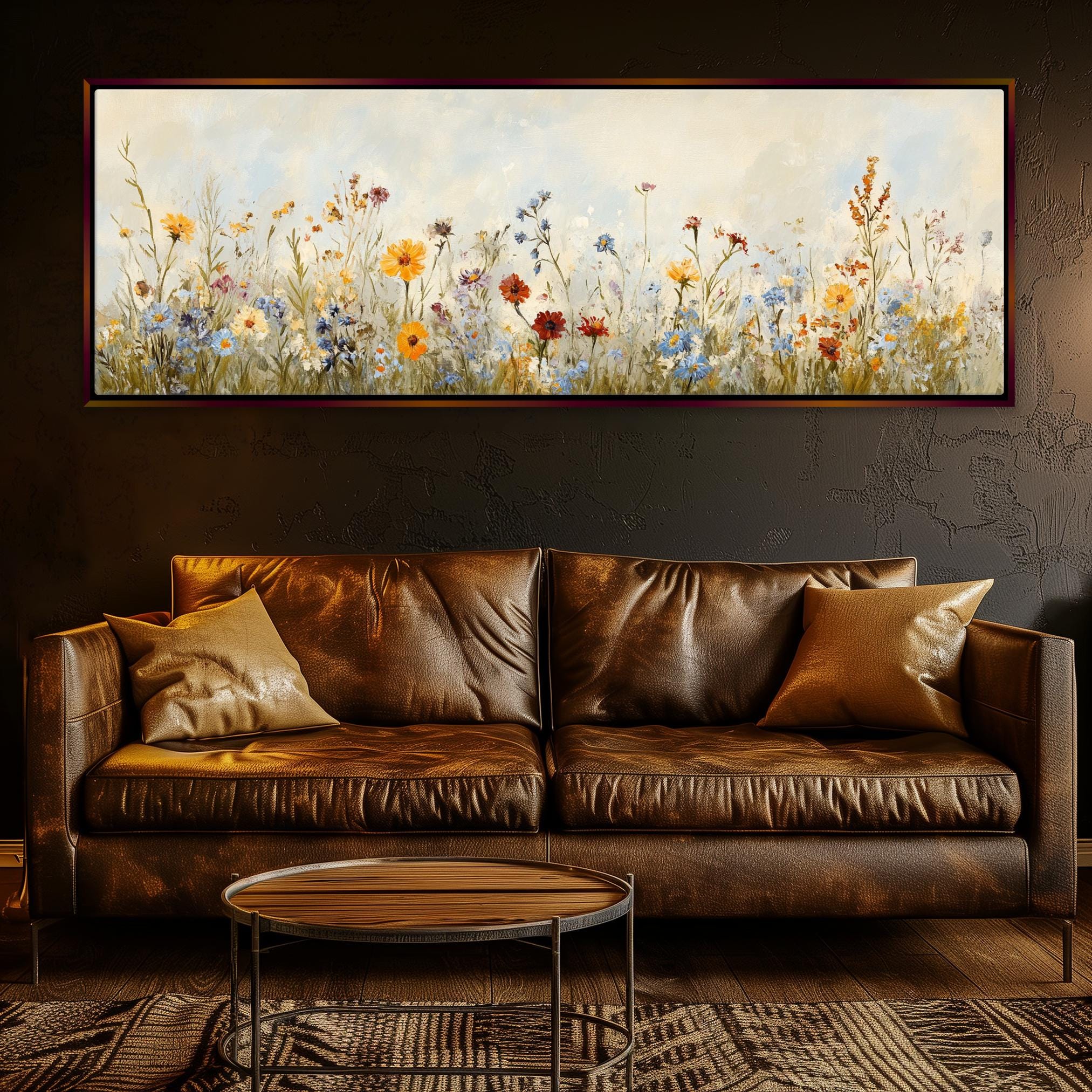 a living room with a couch and a painting on the wall