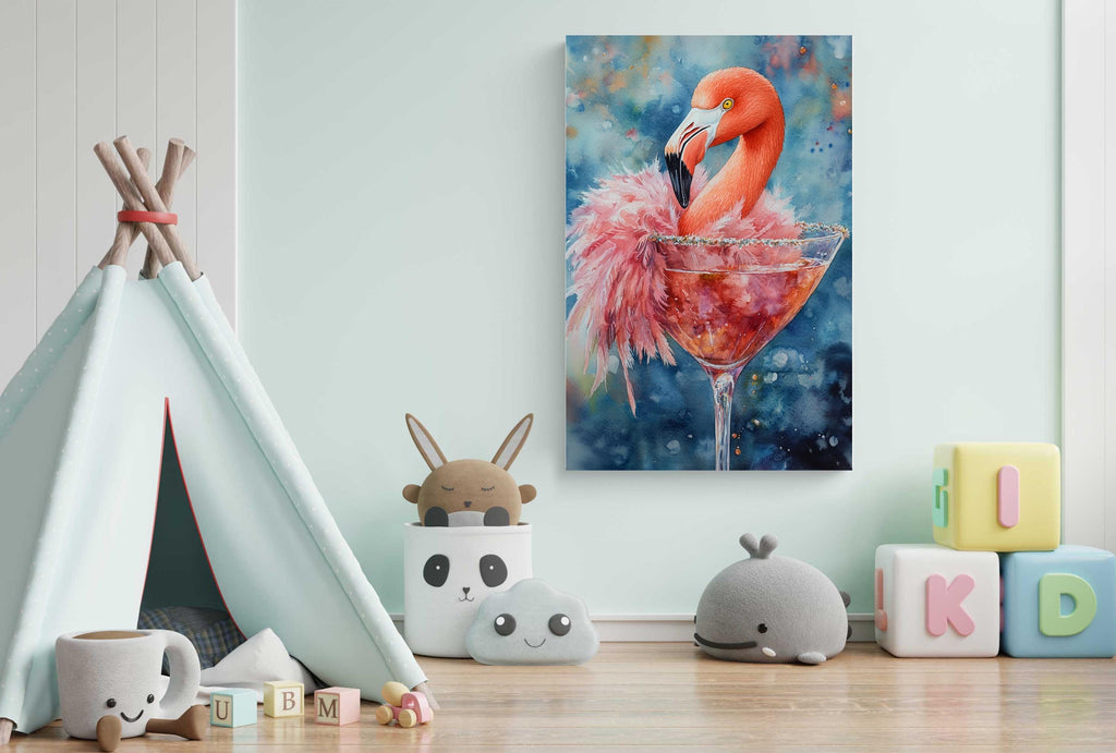 A colorful and whimsical children's room with a teepee, stuffed animals, and alphabet blocks. A large painting of a flamingo in a martini glass is prominently displayed on the wall, adding a playful and imaginative touch to the space.
