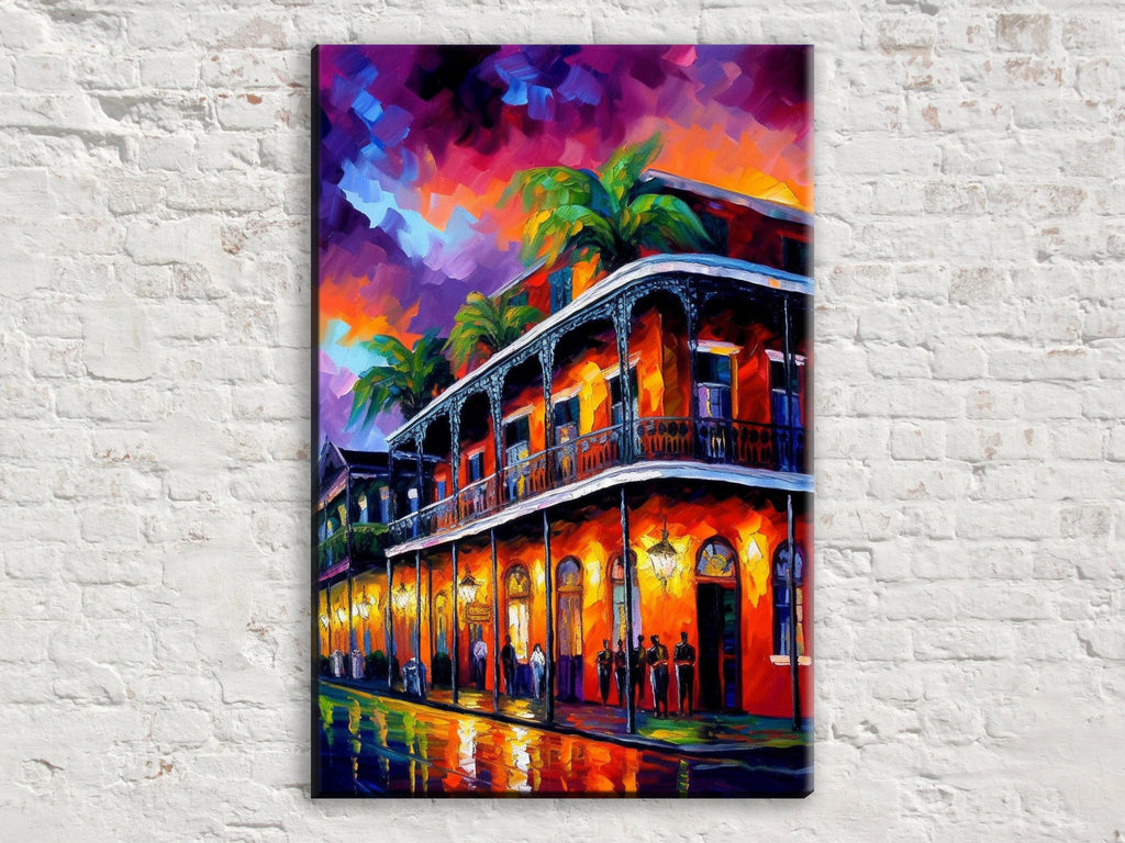 New Orleans Canvas Art - Vibrant Bourbon Street Painting on Real Wood Frame