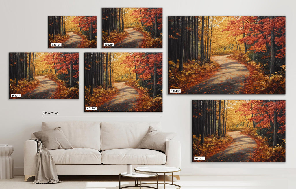 The image is a collage of six pictures depicting a scenic autumn forest path. The images show the path winding through the trees with vibrant orange and red foliage. The collage is displayed on a wall, with a white couch in the foreground and a coffee table in the background.