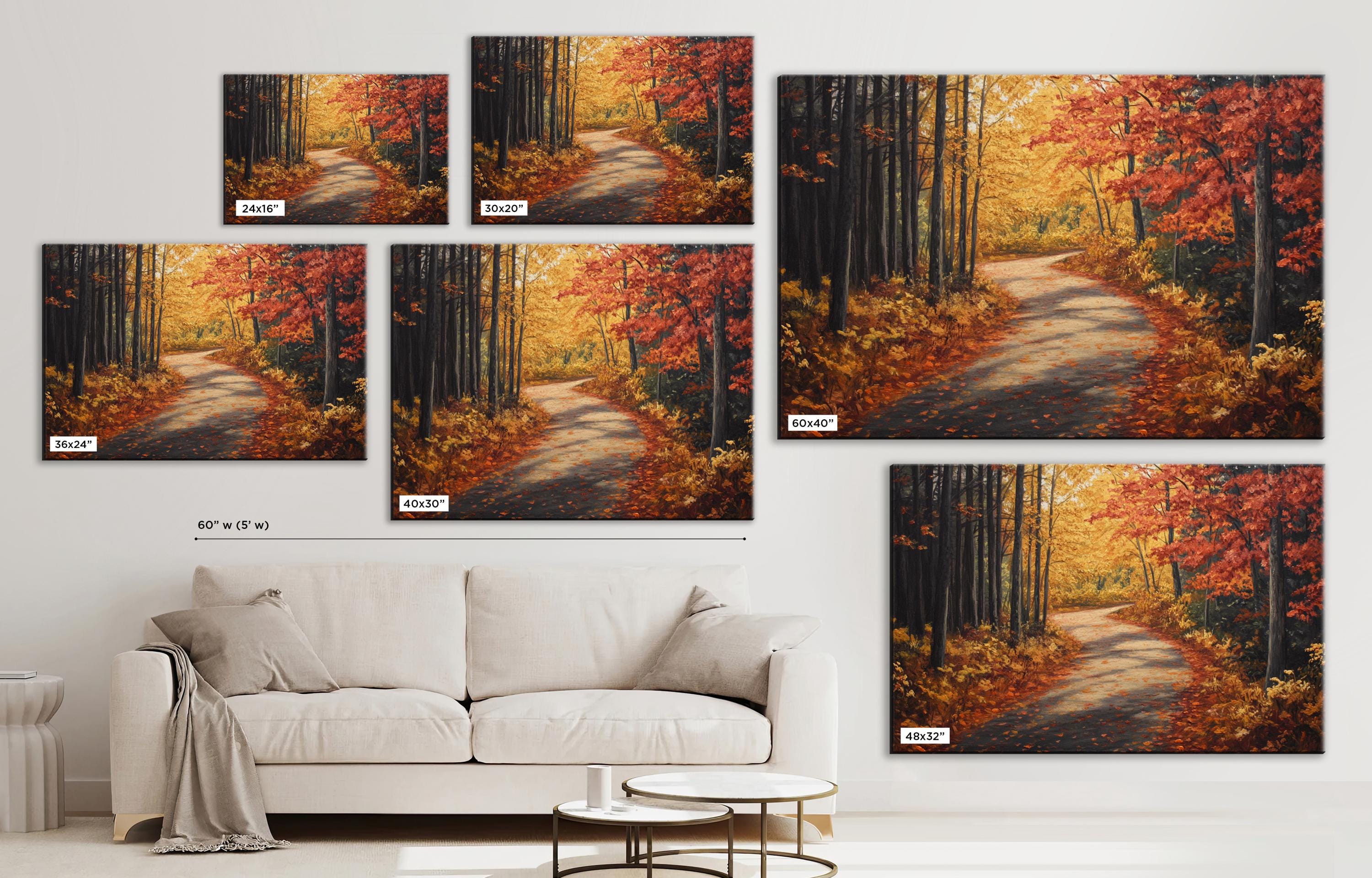 The image is a collage of six pictures depicting a scenic autumn forest path. The images show the path winding through the trees with vibrant orange and red foliage. The collage is displayed on a wall, with a white couch in the foreground and a coffee table in the background.