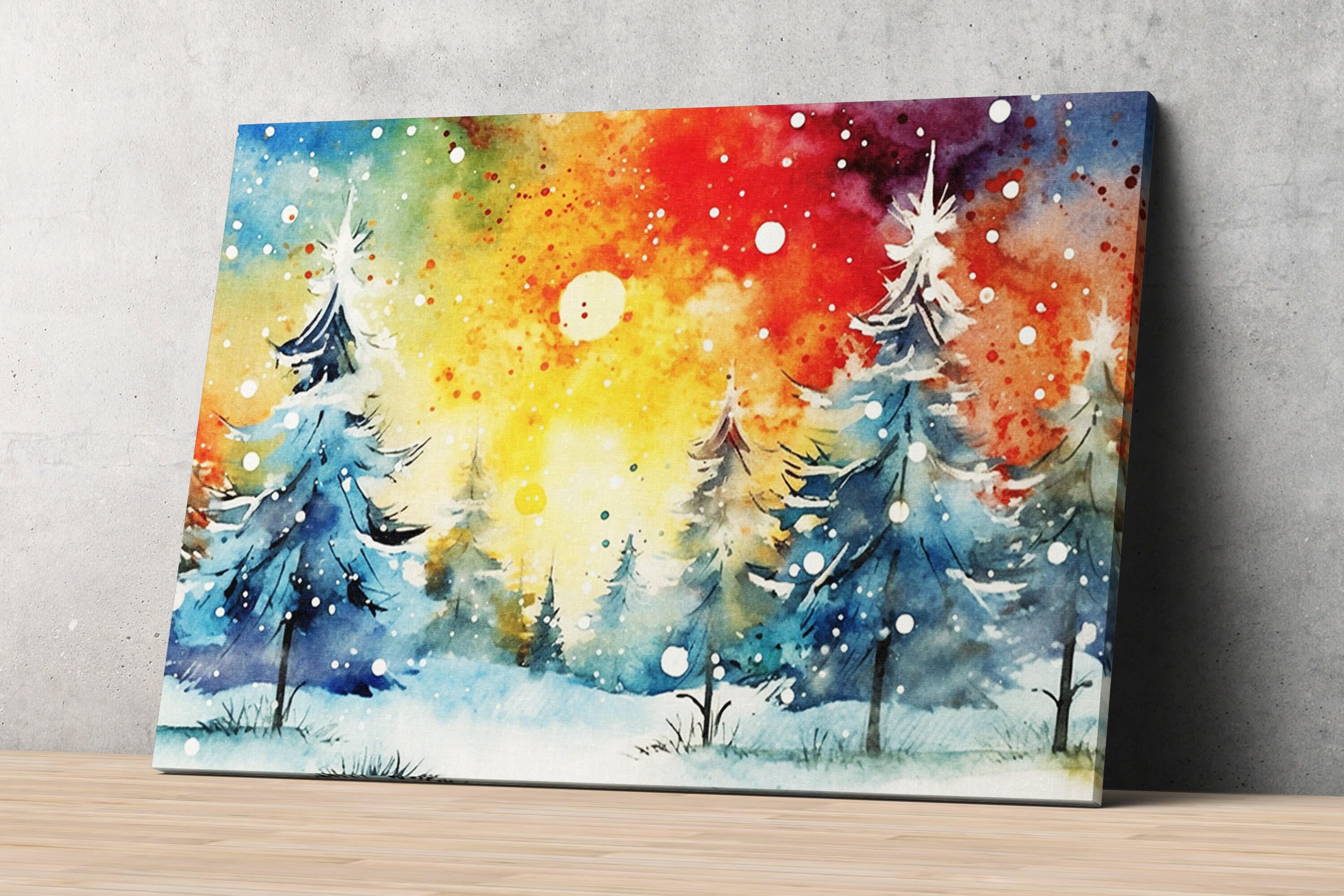 Colorful Winter Forest Watercolor - Christmas Art, Giclee Print on Canvas, Artist Paper, Watercolor Paper, Available in Extra Large Sizes