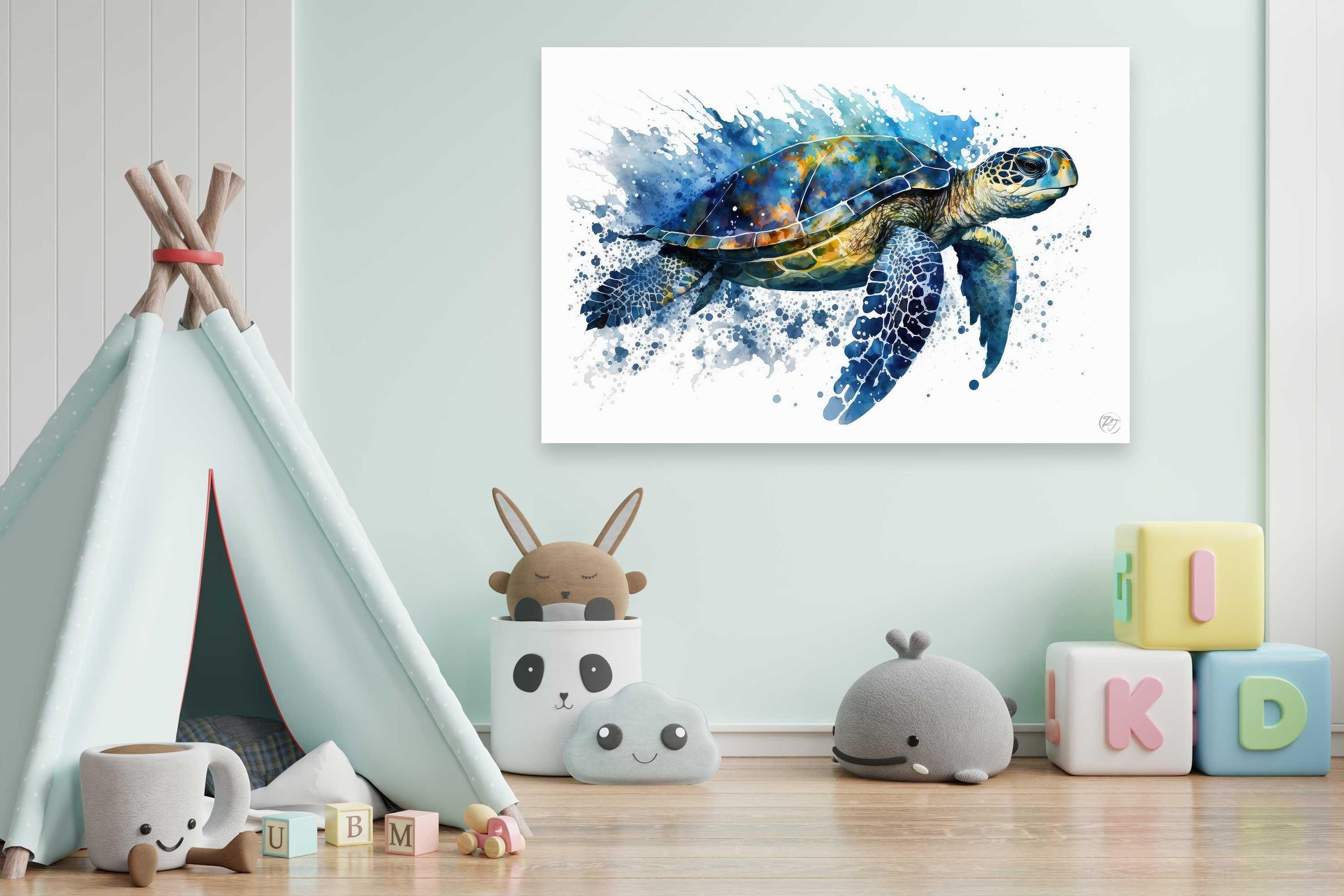 Sea Turtle Watercolor Art Print, Nursery Nautical Canvas Print, Undersea Animal Framed Kids Wall Art