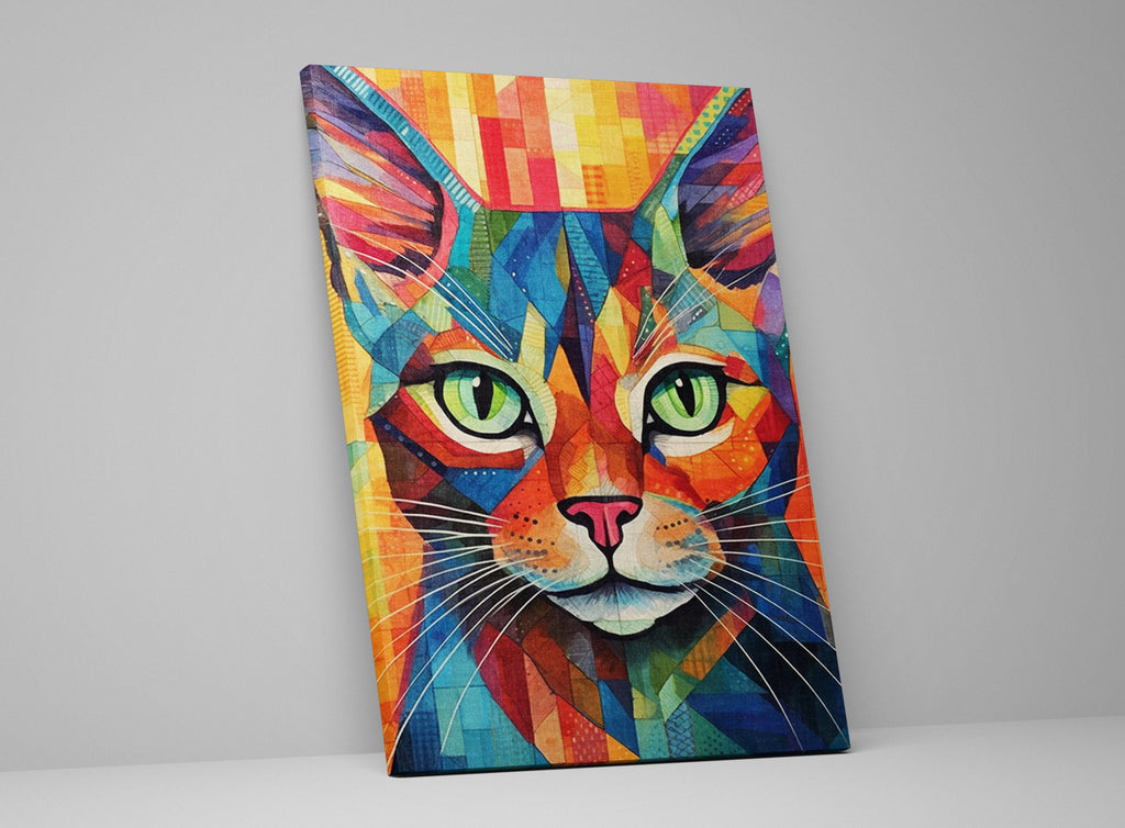 Cat Canvas Wall Art - Large Colorful Cat Portrait with Abstract Pop Art Painting