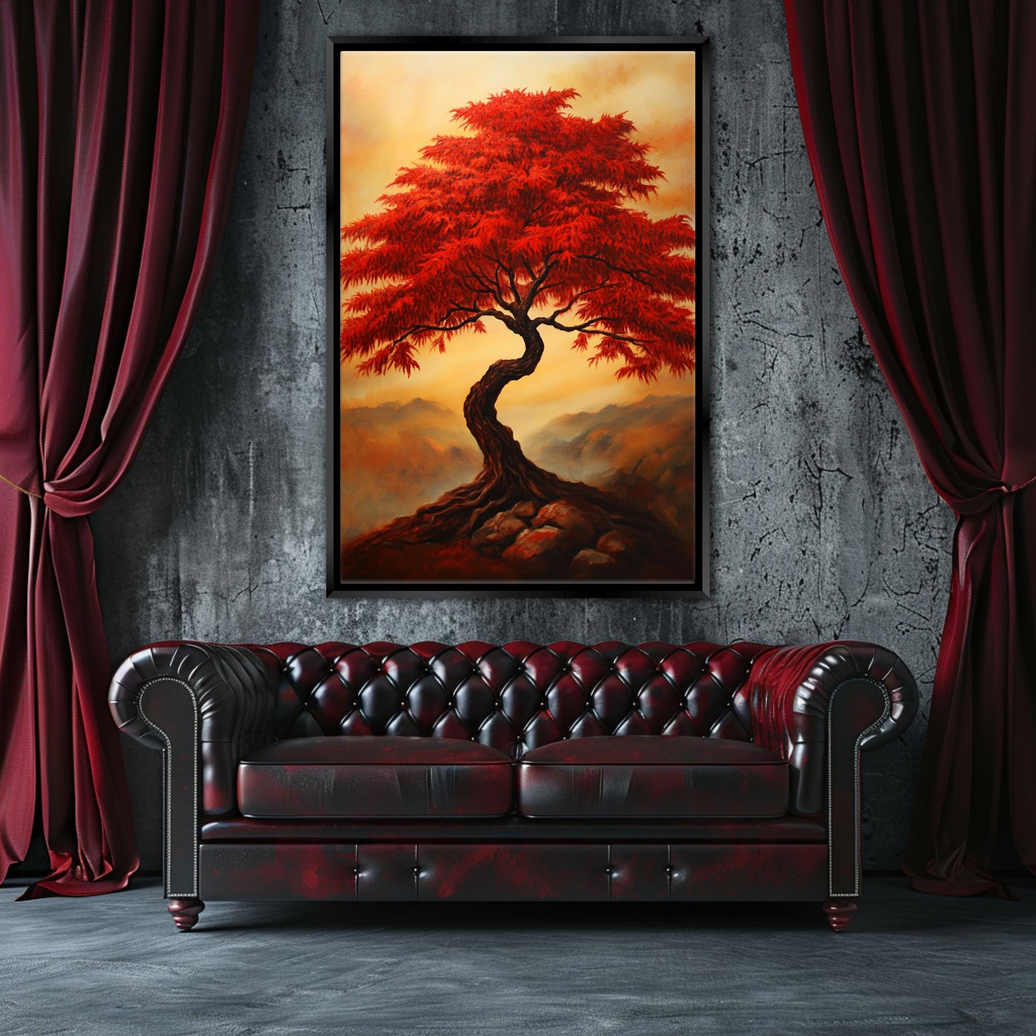 a living room with a couch and a painting on the wall