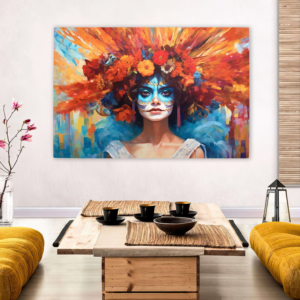 Day of the Dead Art - Large Canvas Sugar Skull Wall Art With Vibrant Flower Hair
