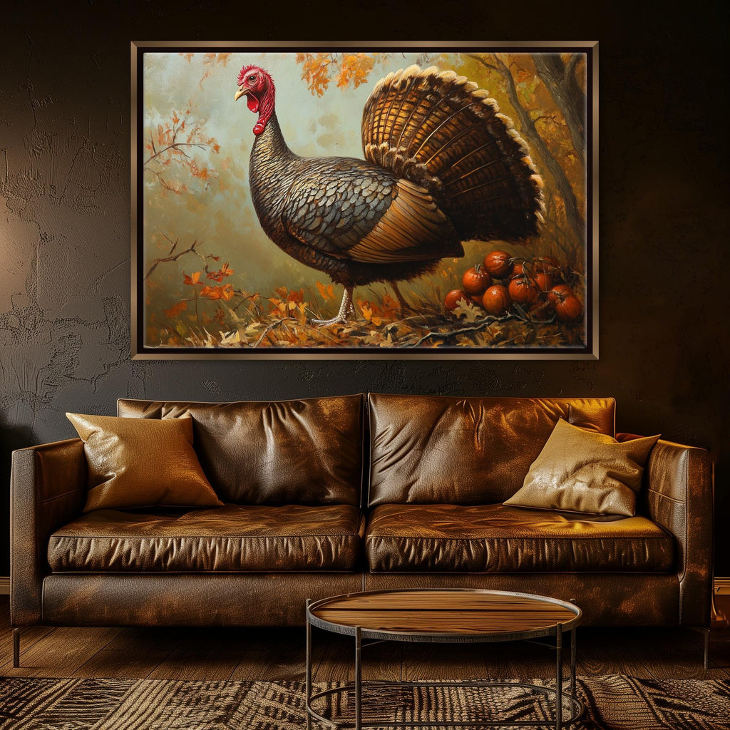 a large painting of a turkey standing on a bed of leaves, with a wooden table and a leather couch in the foreground.
