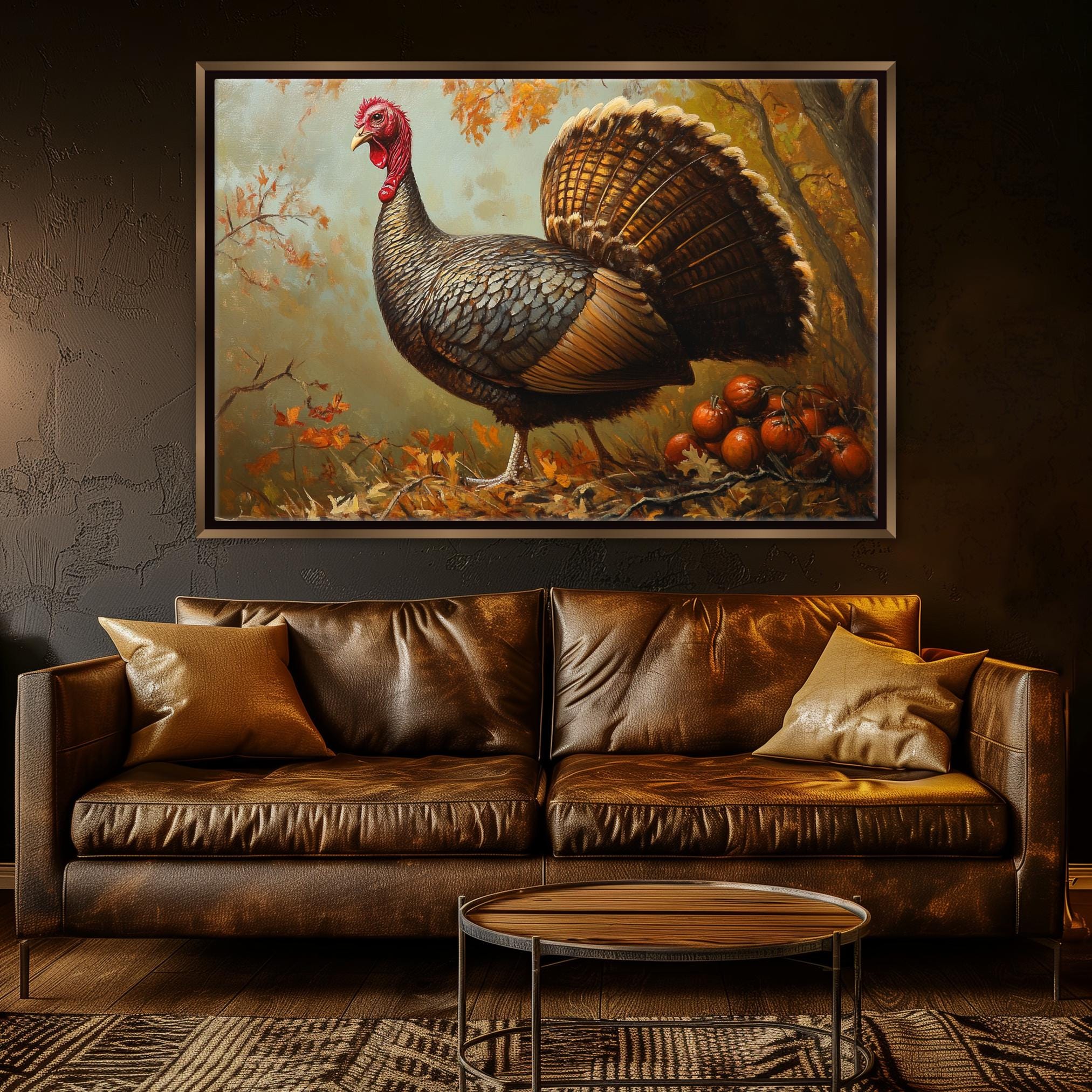 a large painting of a turkey standing on a bed of leaves, with a wooden table and a leather couch in the foreground.