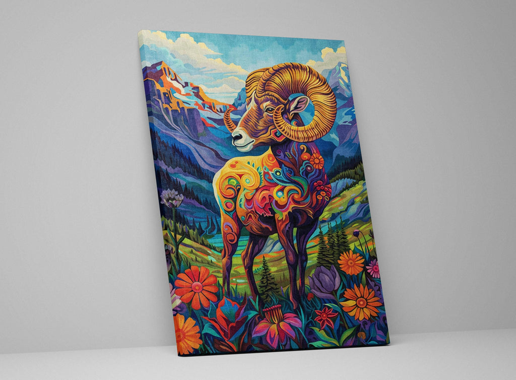 Bighorn Sheep Canvas – Vibrant Wildlife Painting on Gallery Wrapped Large Canvas Print