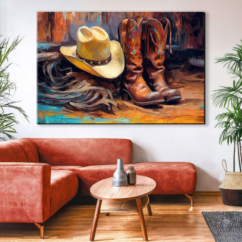 Texas Cowboy Wall Art – Large Cowboy Boots Canvas Print | Rustic Western Artwork