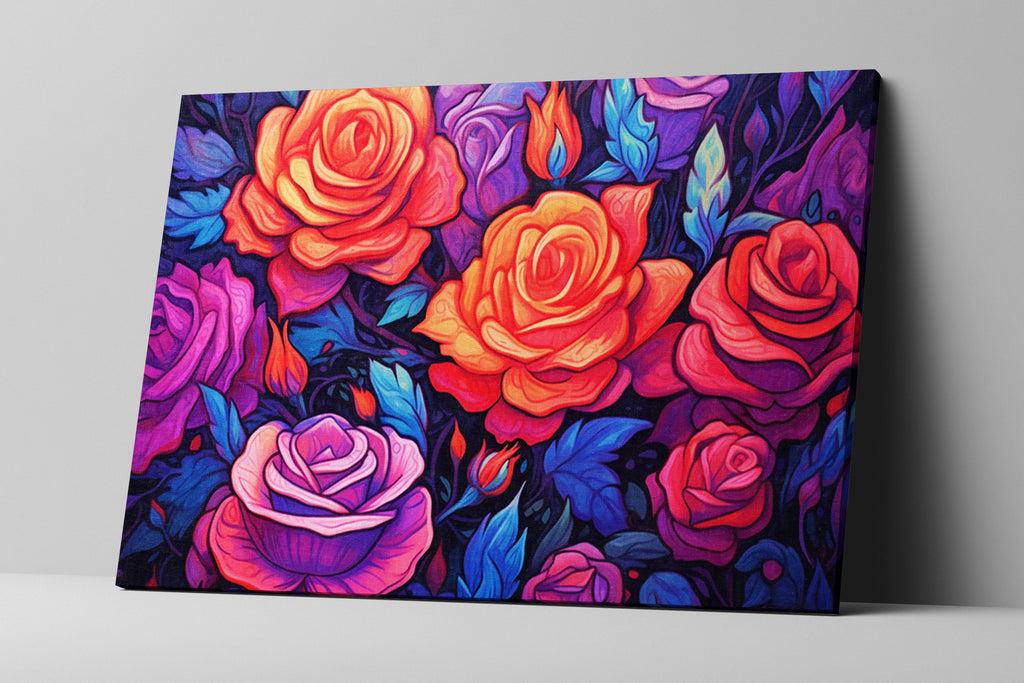 Canvas Wall Art – Neon Roses Floral Wall Decor on Large Gallery Ready Canvas Print