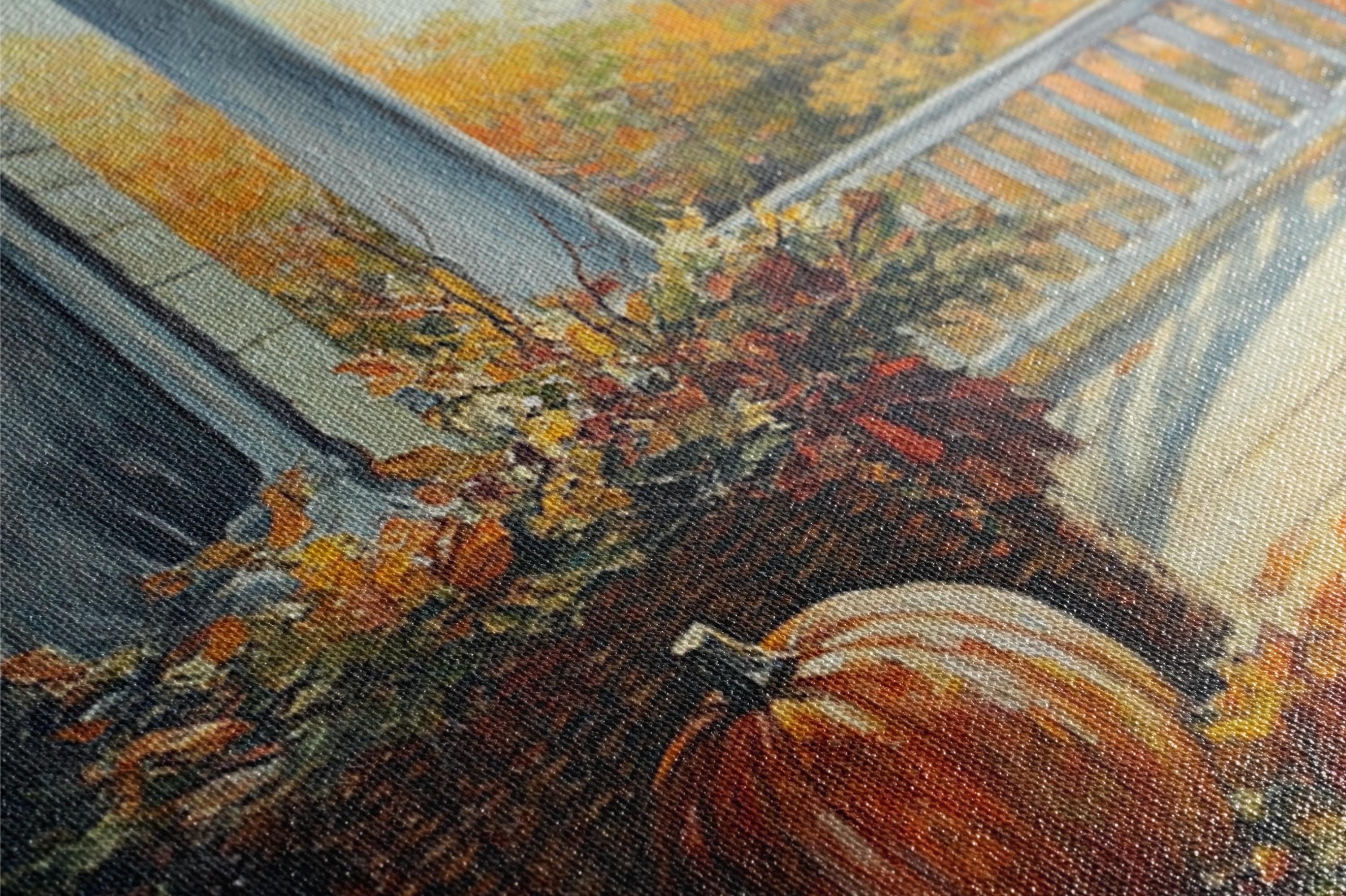 The image is a close-up of a painting depicting a pumpkin and a window with autumn foliage.
