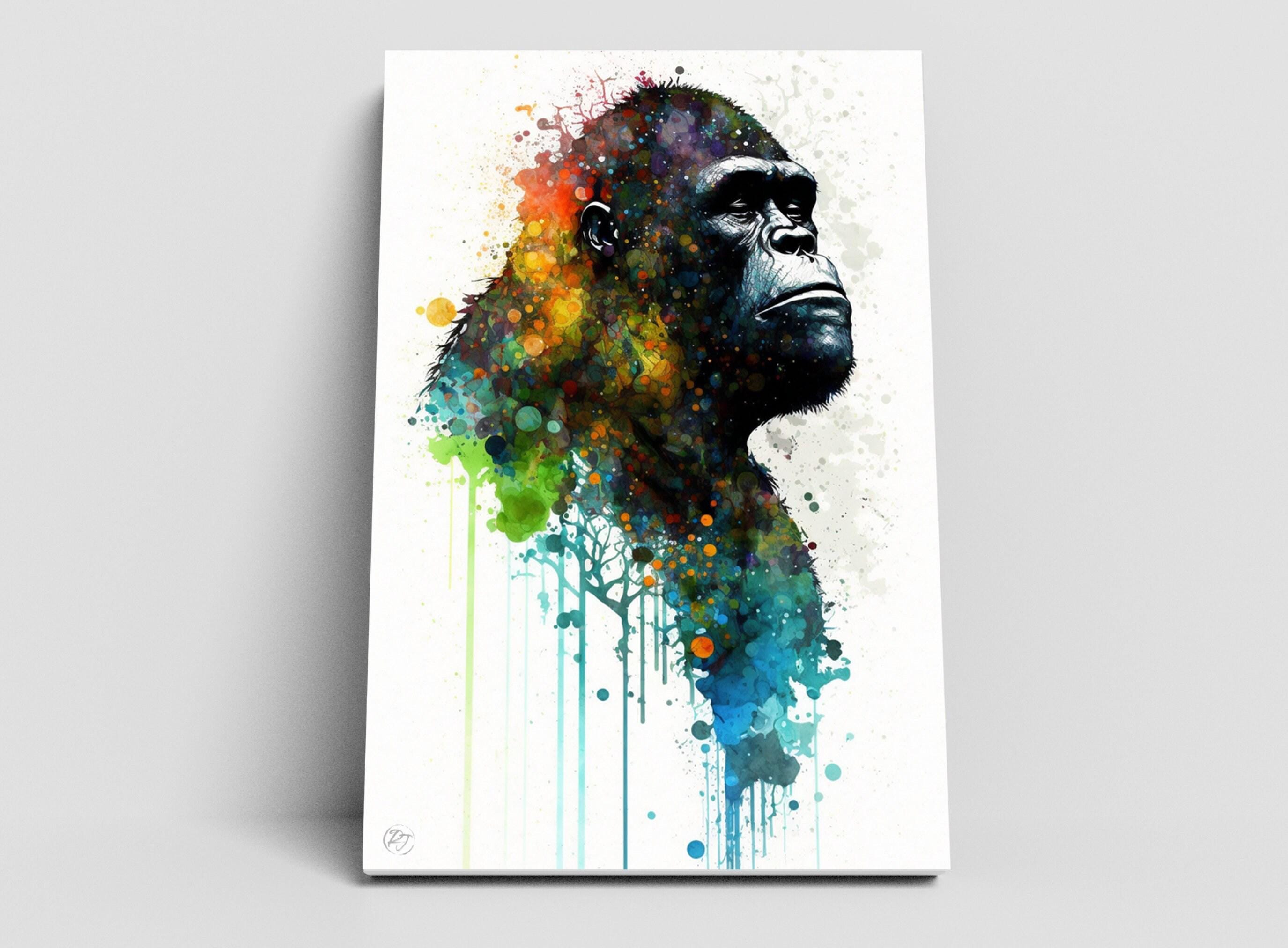 Wildlife Elegance: Gorilla Watercolor Painting, Giclee Print on Canvas, Artist Paper, Watercolor Paper, Available in Extra Large Sizes
