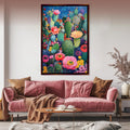 a living room with a pink couch and a painting on the wall