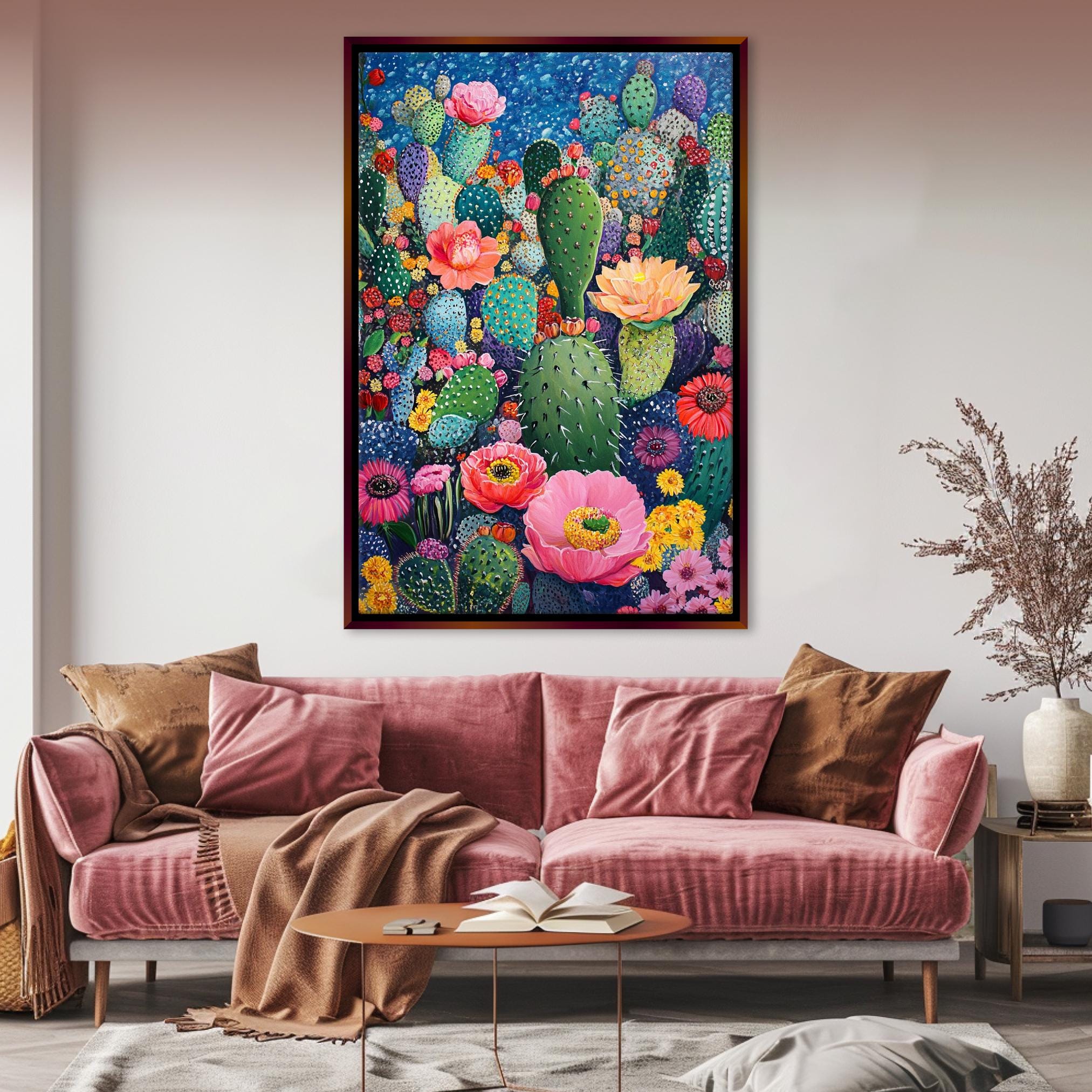 a living room with a pink couch and a painting on the wall