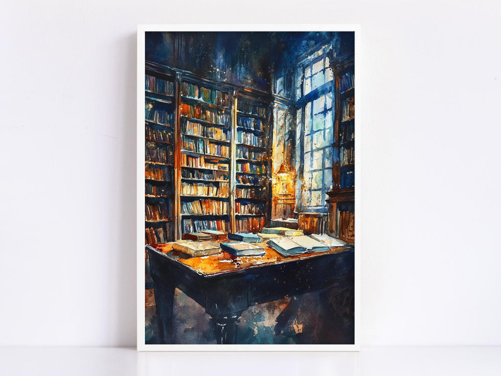 a serene and inviting library or study room, with a large bookshelf filled with books and a table with several books on it. The room has a warm and cozy atmosphere, with natural light streaming in through a window.
