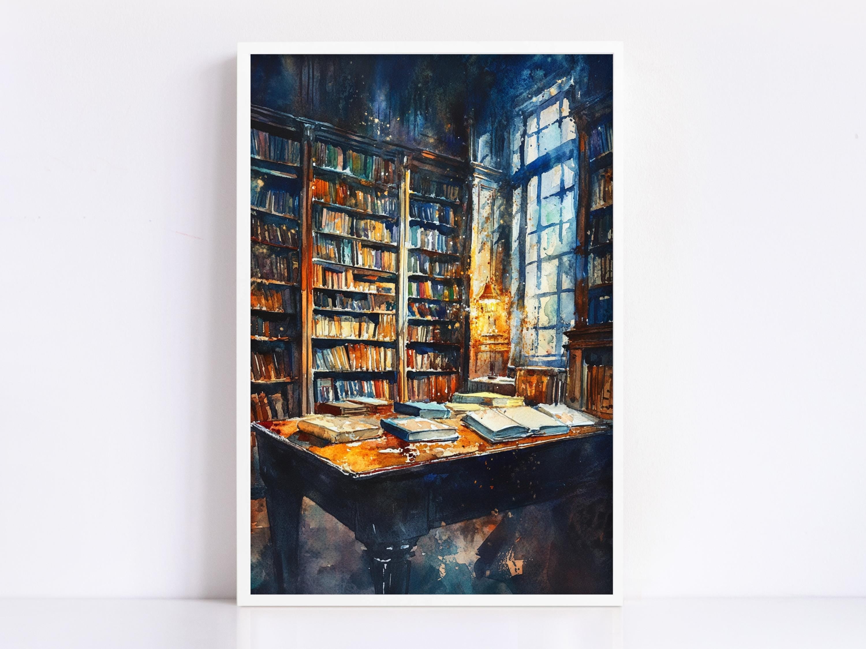 a serene and inviting library or study room, with a large bookshelf filled with books and a table with several books on it. The room has a warm and cozy atmosphere, with natural light streaming in through a window.