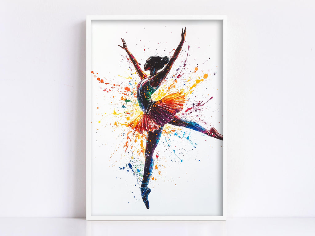 A framed painting depicting a ballerina in a dynamic pose, with her arms raised and surrounded by splashes of color.