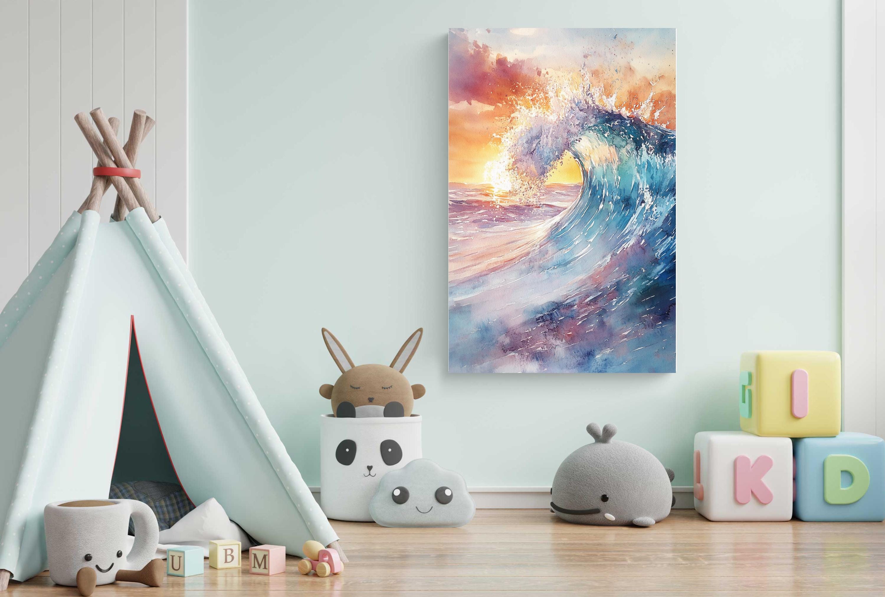A colorful painting of a crashing wave is displayed on the wall, surrounded by a variety of toys and decorations in a child's bedroom.