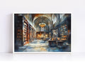 a grand library with towering bookshelves, a high vaulted ceiling, and a large chandelier hanging from the center. The walls are lined with books, creating a sense of depth and space. The overall atmosphere is one of quiet contemplation and intellectual pursuit.