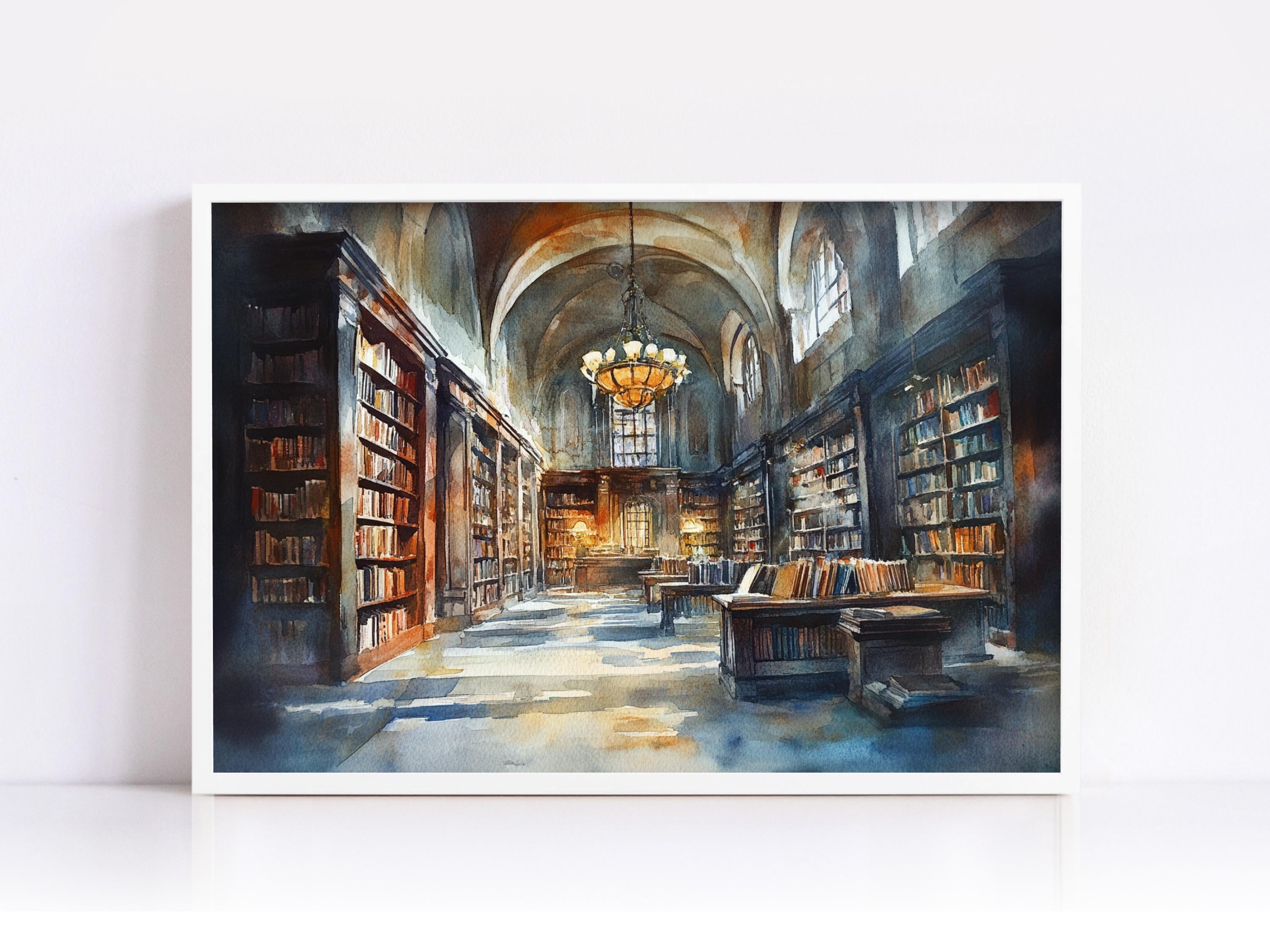 a grand library with towering bookshelves, a high vaulted ceiling, and a large chandelier hanging from the center. The walls are lined with books, creating a sense of depth and space. The overall atmosphere is one of quiet contemplation and intellectual pursuit.