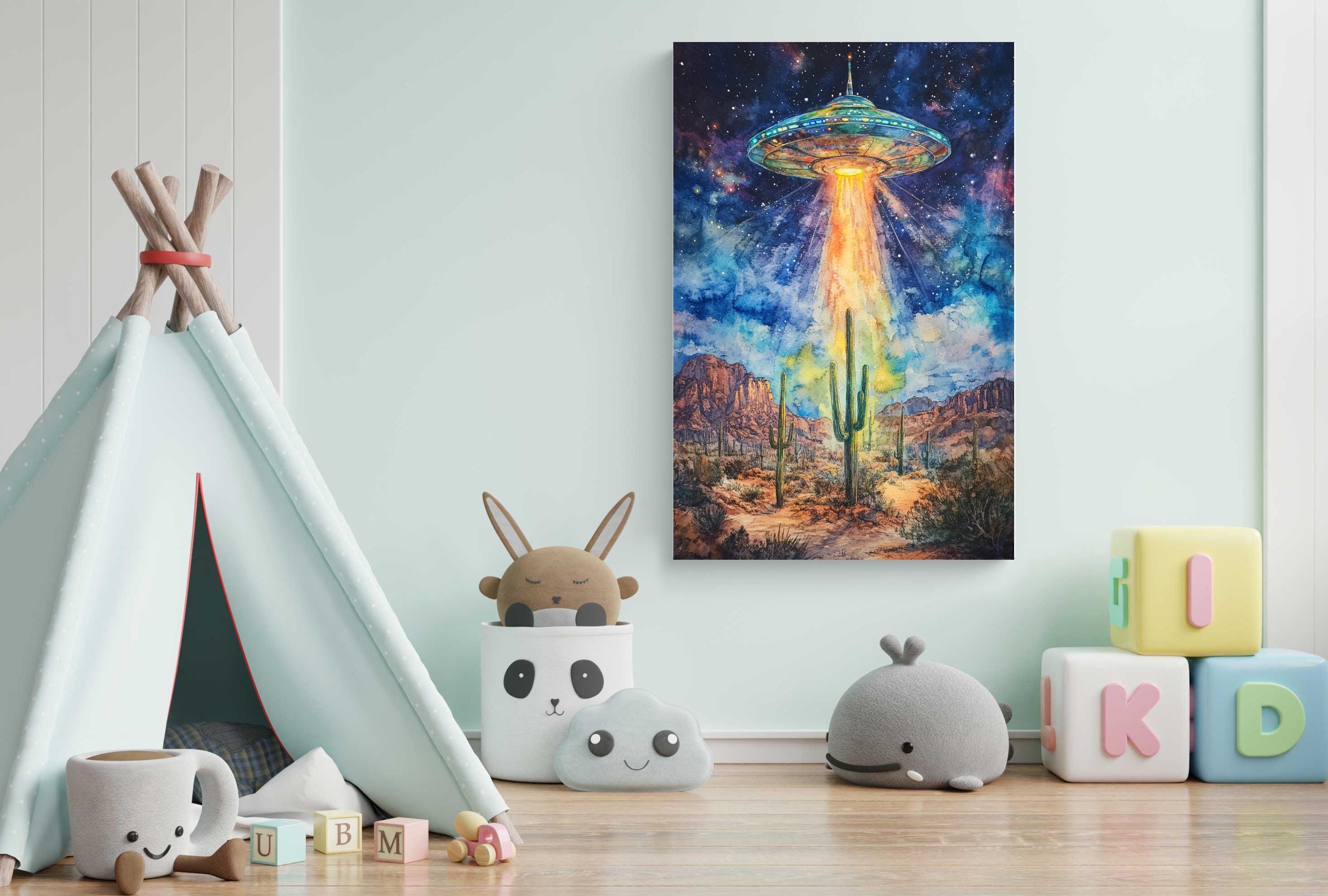 A colorful painting of an alien spacecraft hovering over a desert landscape, with a tiki tent and various toys in the foreground.