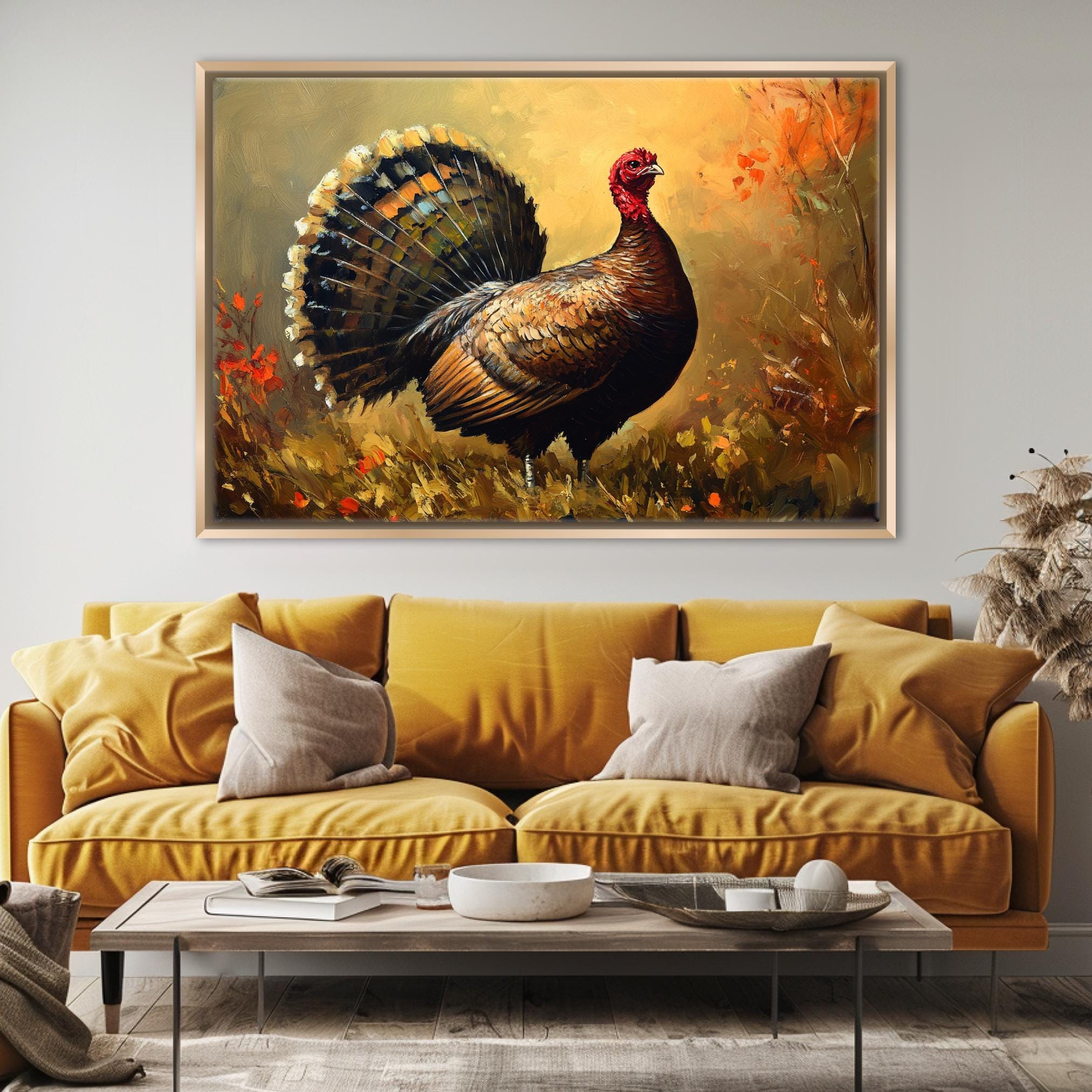 a large painting of a turkey with a colorful, vibrant background, hanging on a wall above a yellow couch in a living room setting.