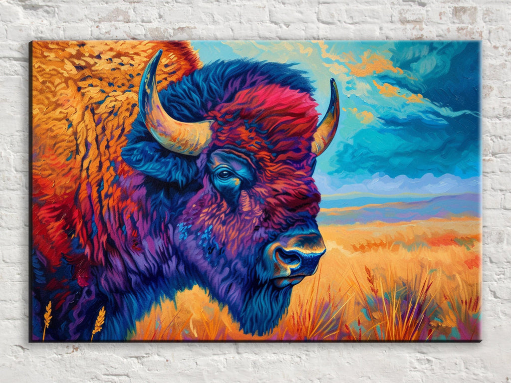 Bison Wall Art | Large Canvas Wall Art – Colorful Buffalo Painting with UV Coated Canvas Print