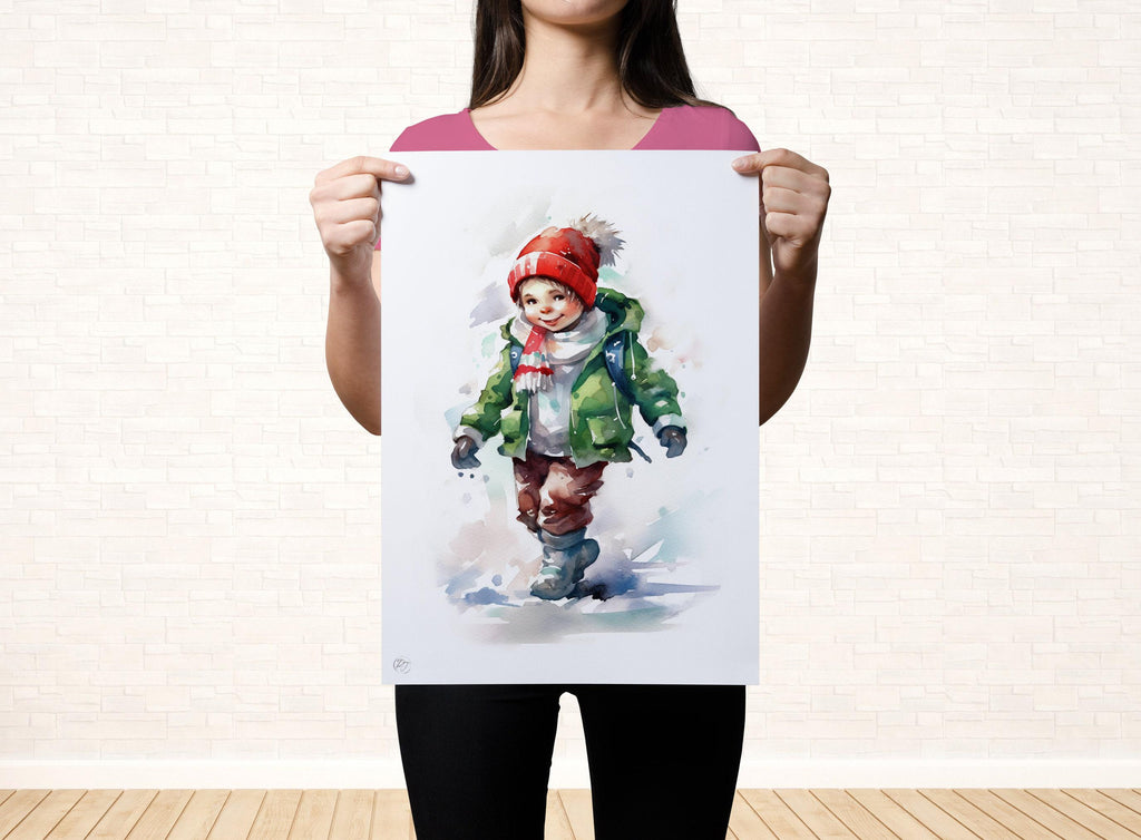 Joyful Christmas Child - Festive Holiday Watercolor, Giclee Print on Canvas, Artist Paper, Watercolor Paper, Available in Extra Large Sizes