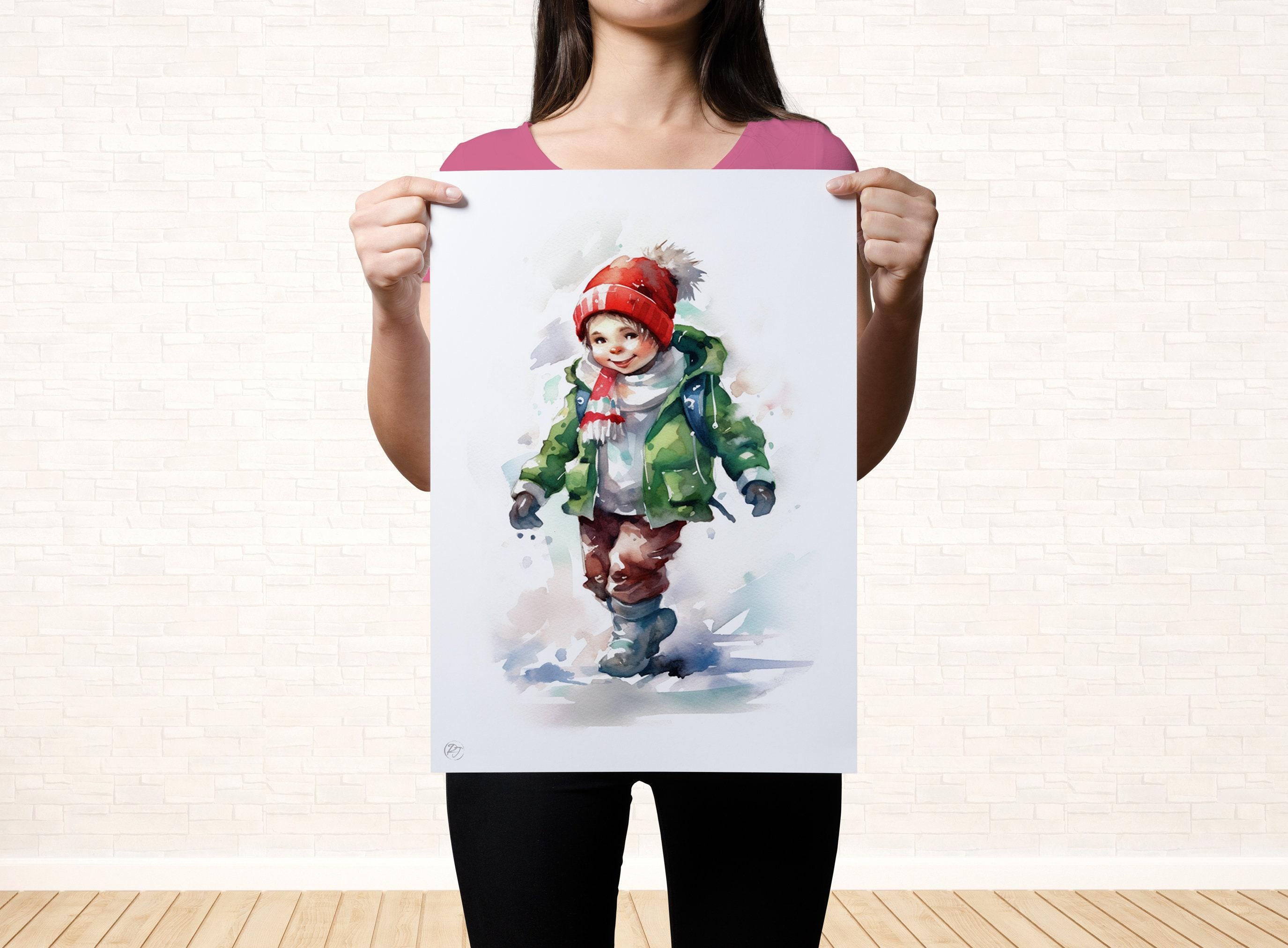 Joyful Christmas Child - Festive Holiday Watercolor, Giclee Print on Canvas, Artist Paper, Watercolor Paper, Available in Extra Large Sizes
