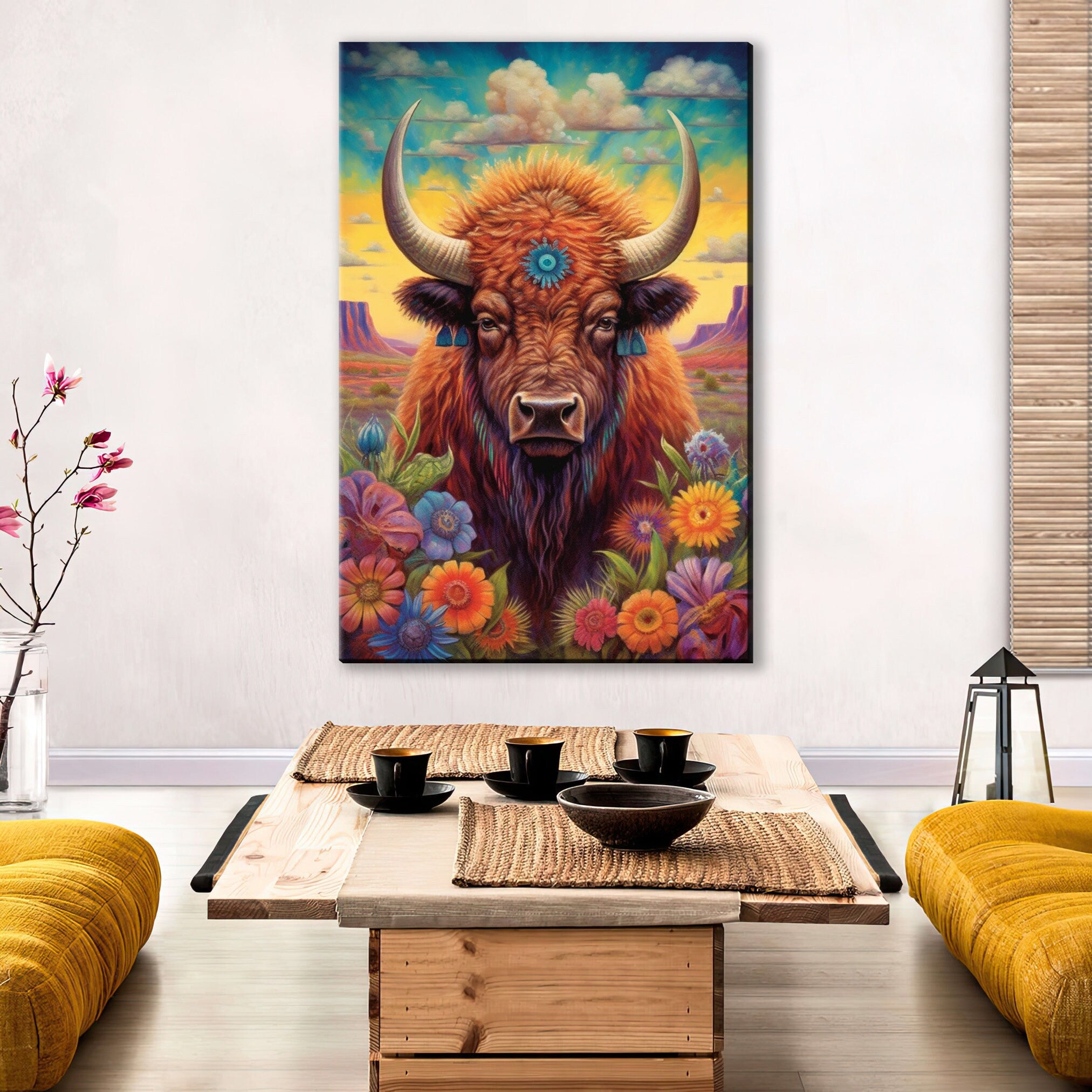 Bison Wall Art - Western Theme Painting | Yellowstone Bison Portrait Canvas Print