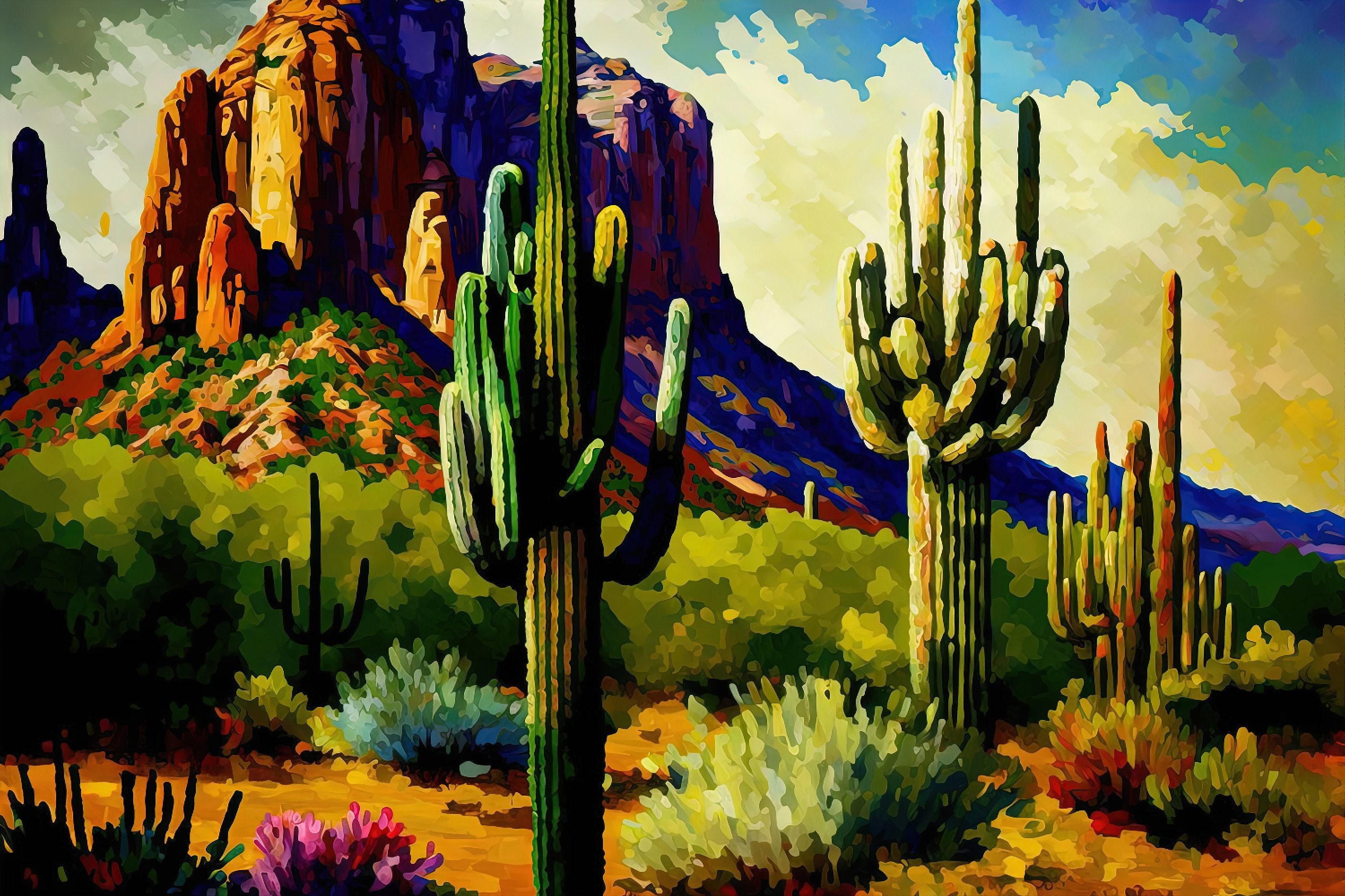 a vibrant desert landscape with towering cacti and other desert plants, set against a backdrop of rugged mountains under a bright, colorful sky.