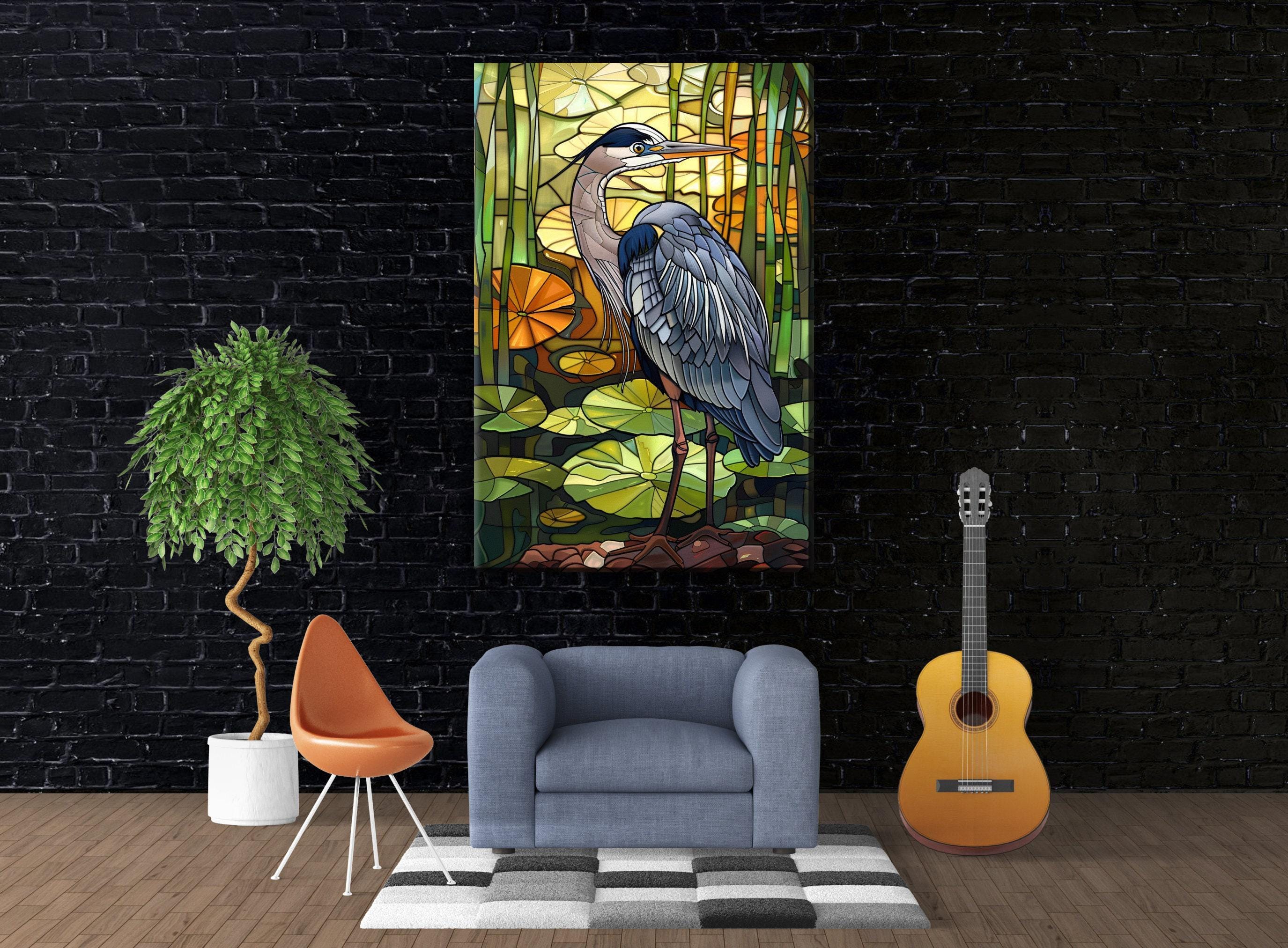 Blue Heron Canvas Art - Large Gallery Wrapped Stained Glass Style Print, Ready to Hang