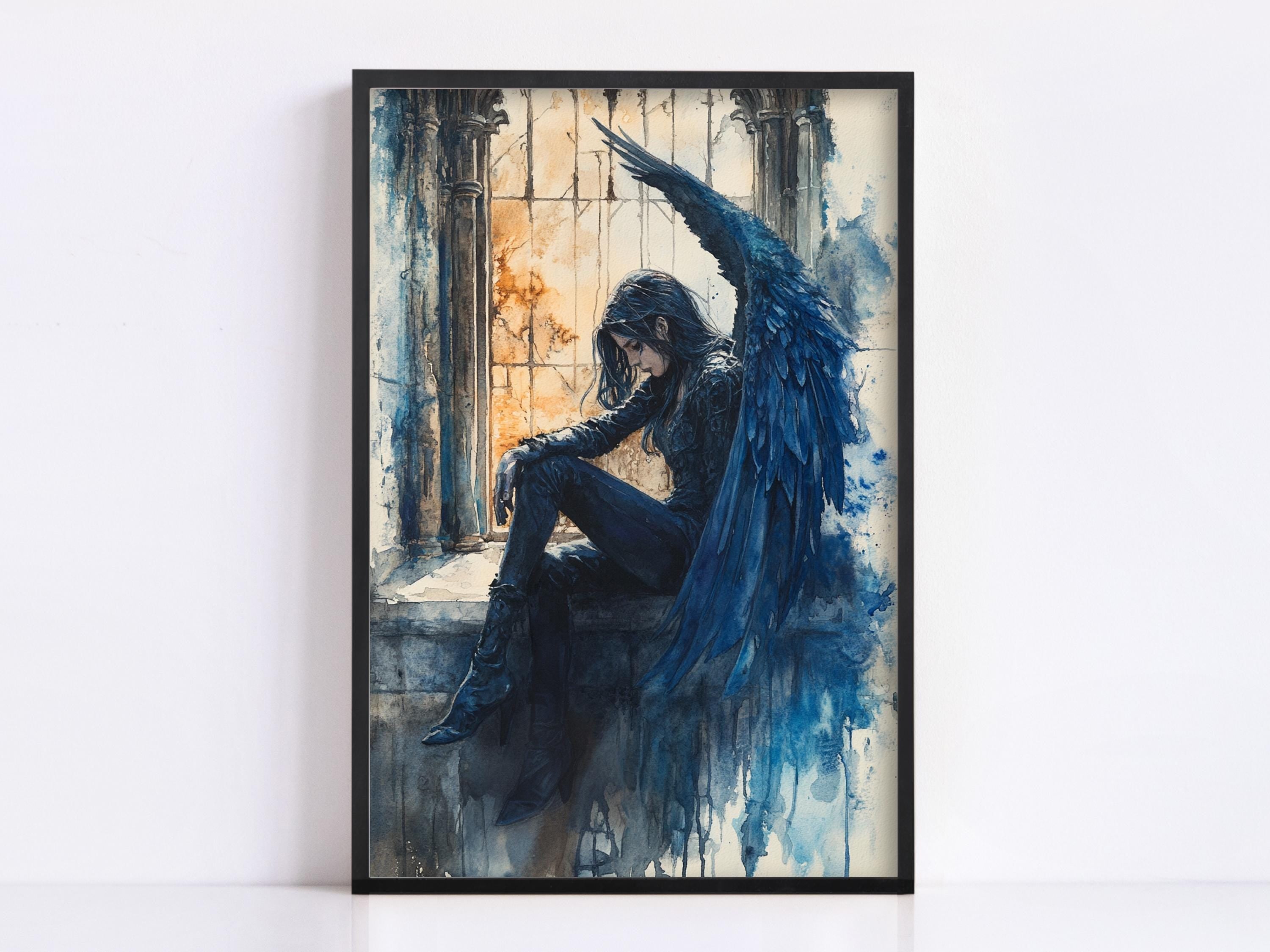 A framed painting depicting a woman with long hair and a black outfit, sitting on a ledge with her arms outstretched, as if she is a winged figure.