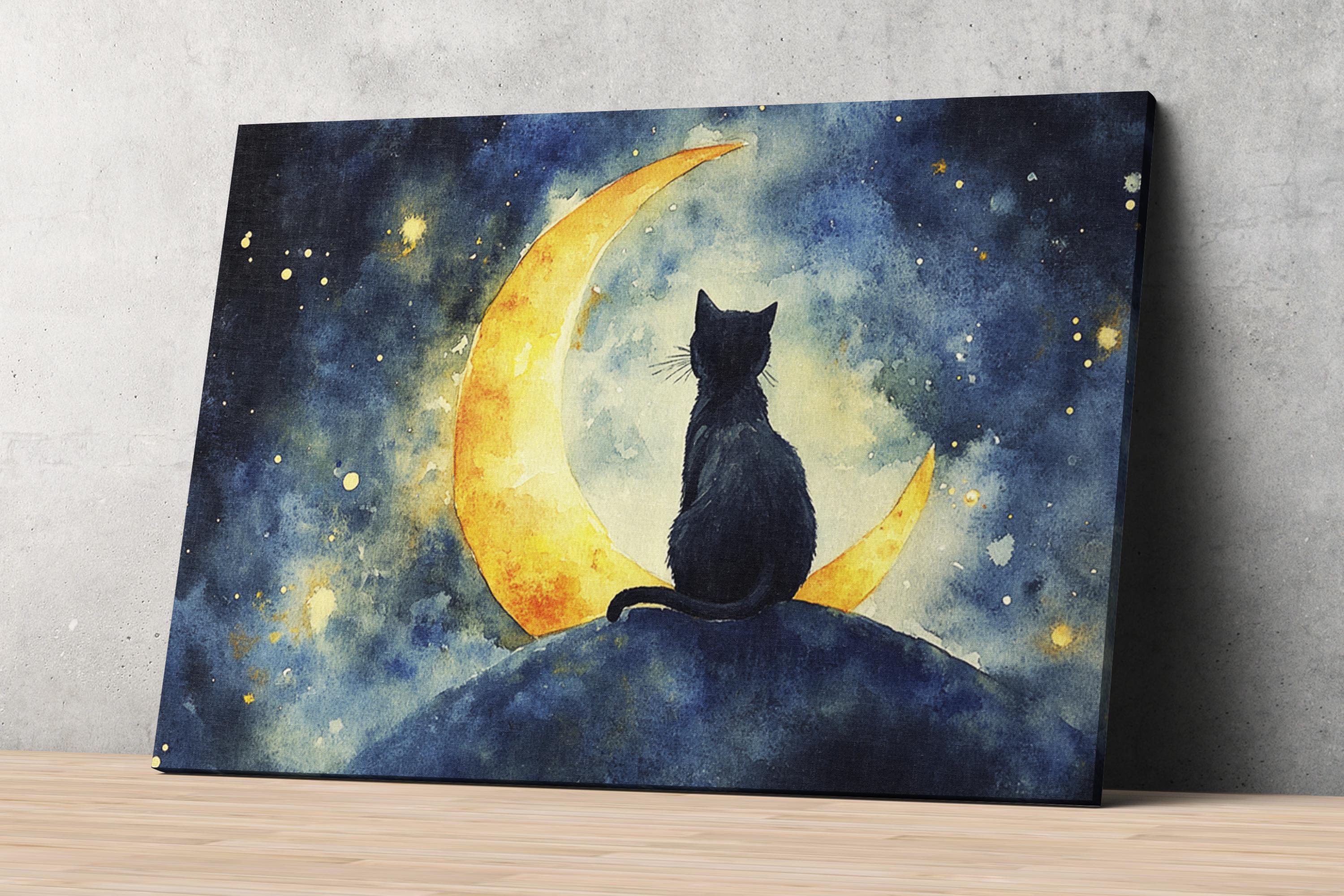 A black cat is sitting on a rock, gazing up at a crescent moon and a starry night sky.