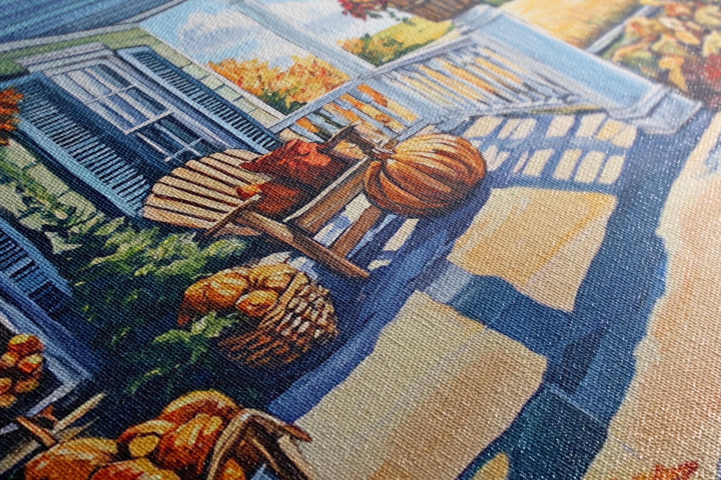 The image is a close-up of a painting depicting a porch with a bench, a basket of fruit, and a pumpkin.